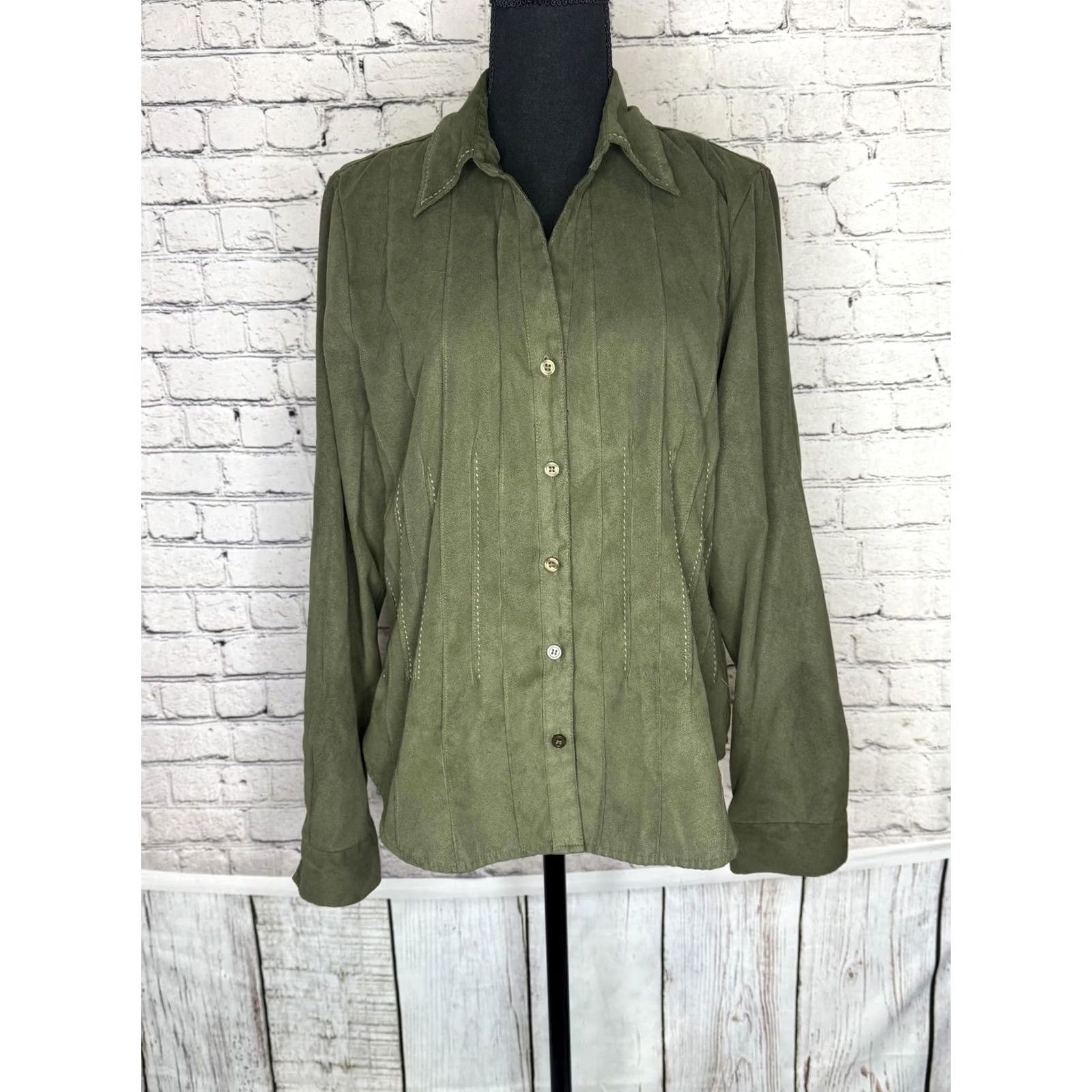 Vintage dressbarn Olive Green Long Sleeve Button-Up Shirt Blouse XL Women Button-Up Shirt Regular Cotton Collared Vintage No Green Olive XL Womens Navy? Size XL / US 12-14 / IT 48-50 - 5 Thumbnail