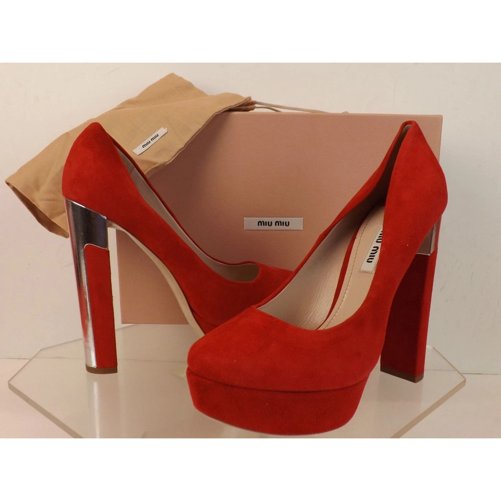 Miu Miu MIU MIU PRADA 5IP334 RED SUEDE SILVER MIRROR HEEL PUMPS 37.5 Size US 7.5 / IT 37.5 - 1 Thumbnail