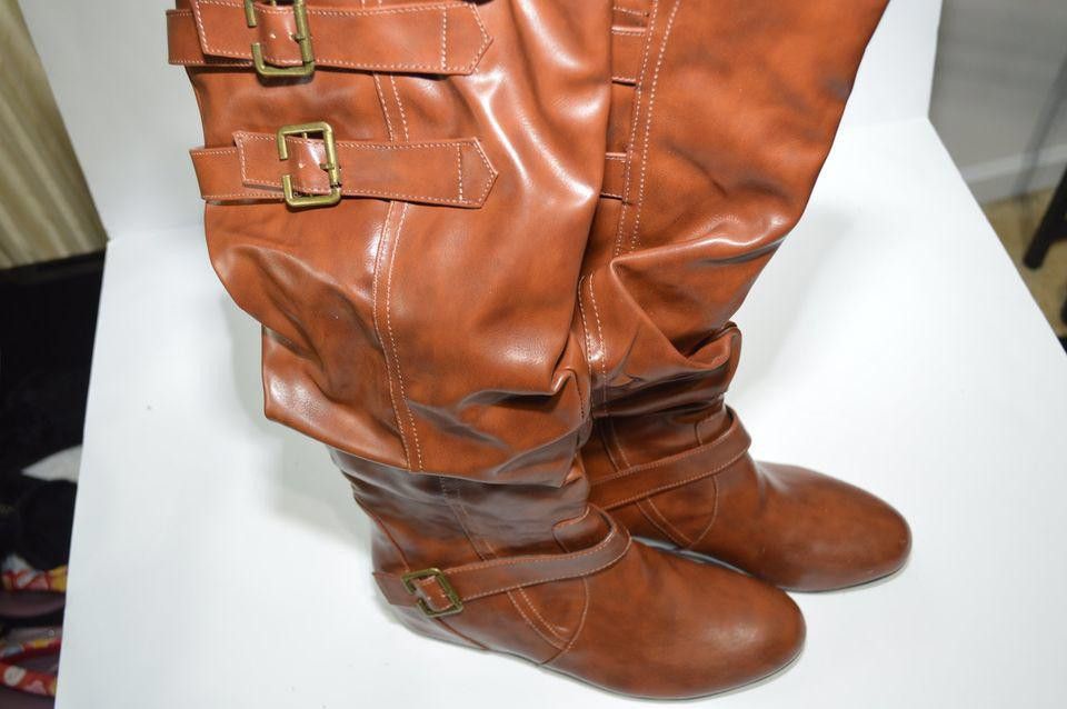 Designer Brown Faux Leather Mid-Calf Boots with Buckle Accents, 8 Size US 8 / IT 38 - 1 Thumbnail
