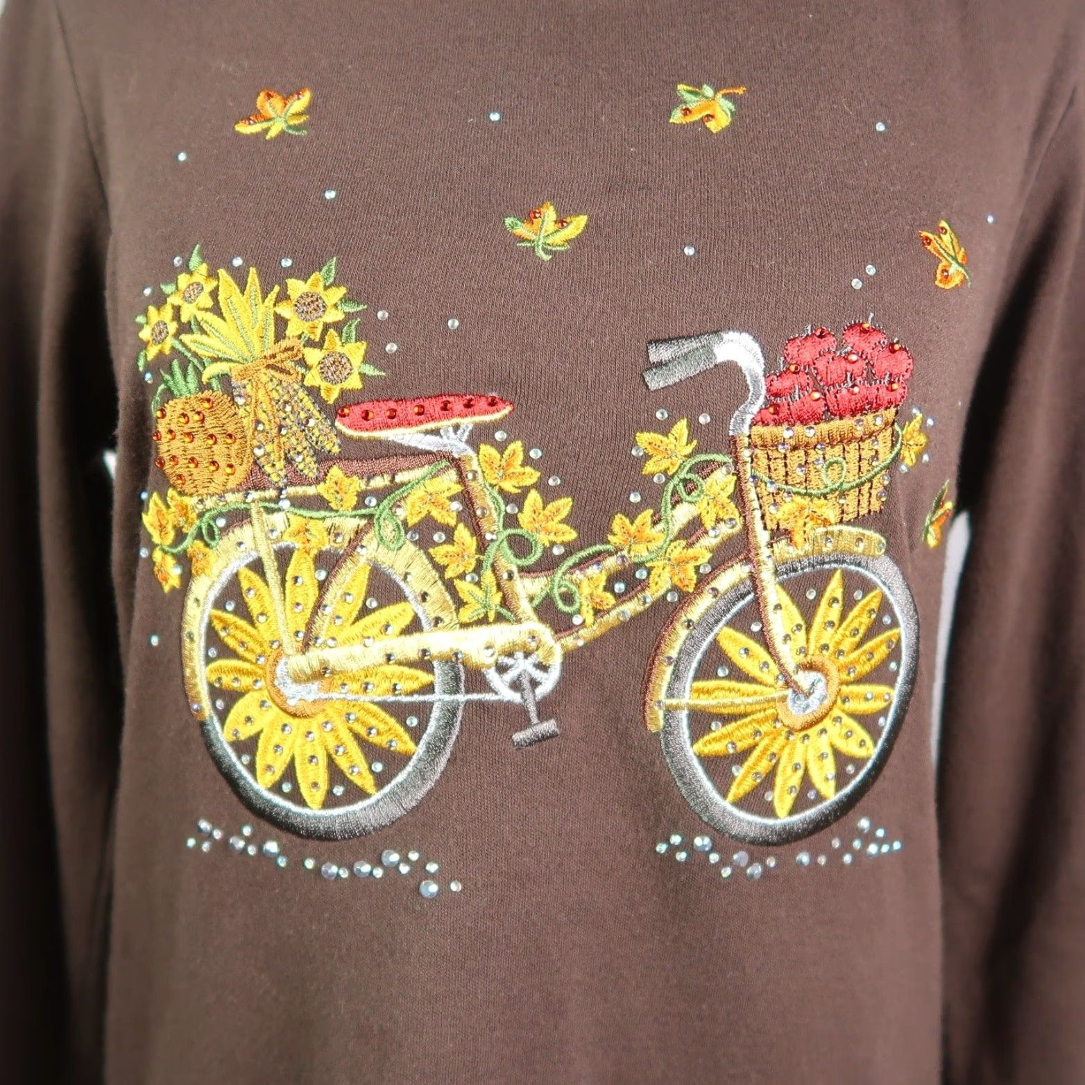 Quacker Factory VINTAGE Quacker Factory Brown Bicycle Embroidered Rhinestone Long Sleeve Tee XS Size XS / US 0-2 / IT 36-38 - 2 Thumbnail