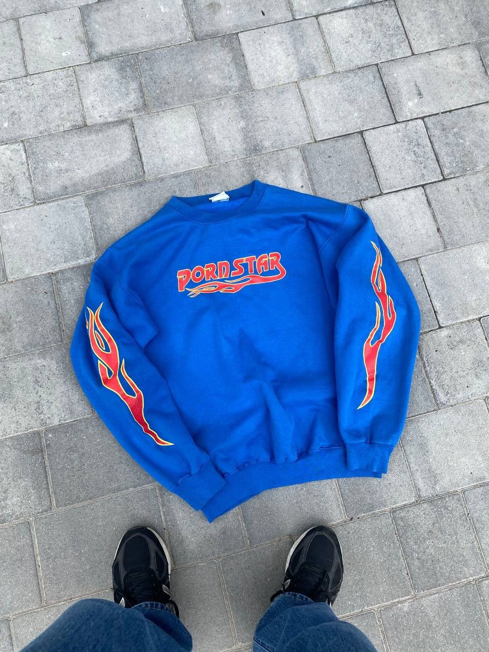 image of Vintage Pornstar Flame Logo Sweatshirt Humor Skateboarding Style in Blue, Men's (Size Medium)