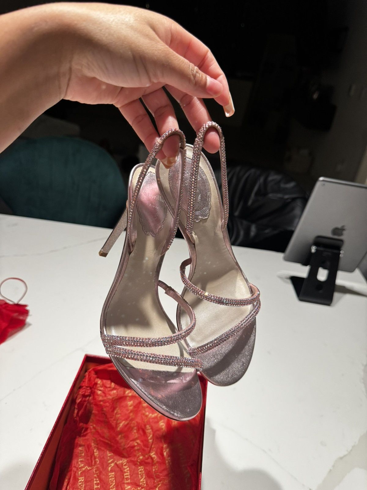 Rene Caovilla Renee Caovila Pink Satin Lamb Crystal Strappy Heels Size US 7 / IT 37 - 5 Thumbnail