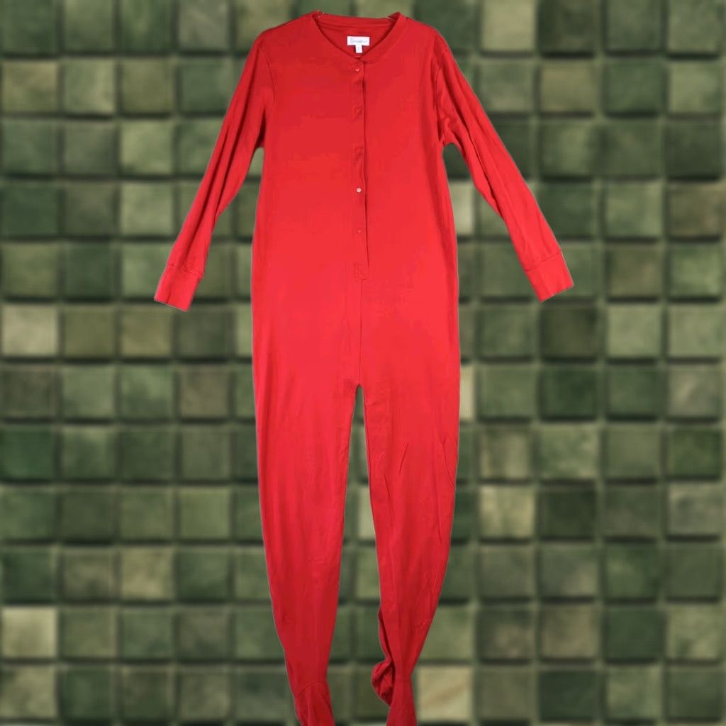 Vintage PajamaGram Footed Pajamas Womens M red Christmas Nana Snap Front Drop-Seat Knit 100% Cotton Crew Neck Solid Christmas Womens Size ONE SIZE - 1 Thumbnail