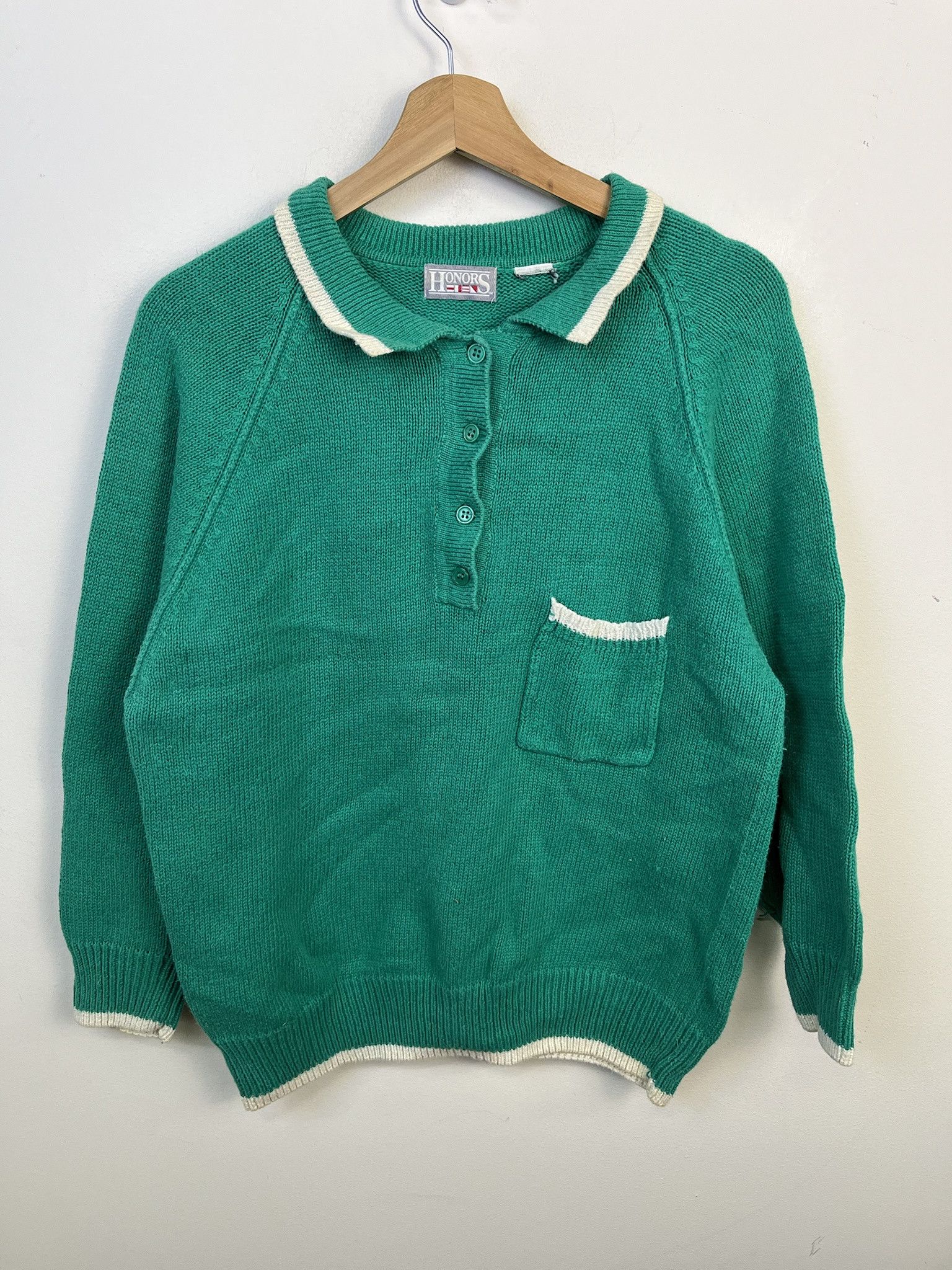 Vintage Knit Sweater 1980s Teal Collared Pocket Knit Sweater Size S