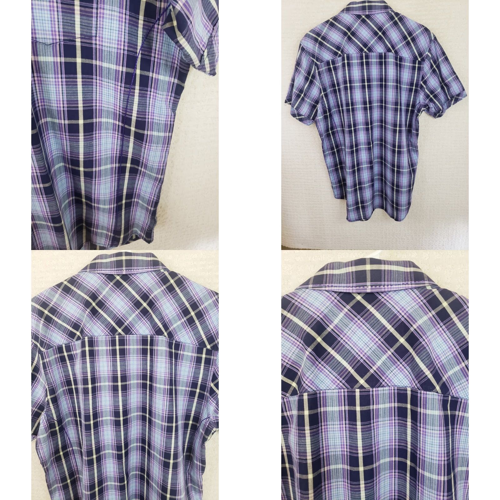 Vintage James Campbell Men's L Button-Down Shirt Blue Purple Plaid Short Sleeve Casual Workwear Travel Party/Cocktail Size US L / EU 52-54 / 3 - 8 Thumbnail