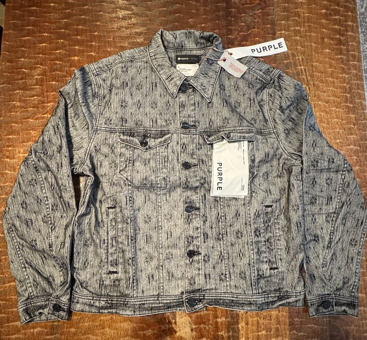 Purple Brand Black Denim White Monogram Flocked Jacket L