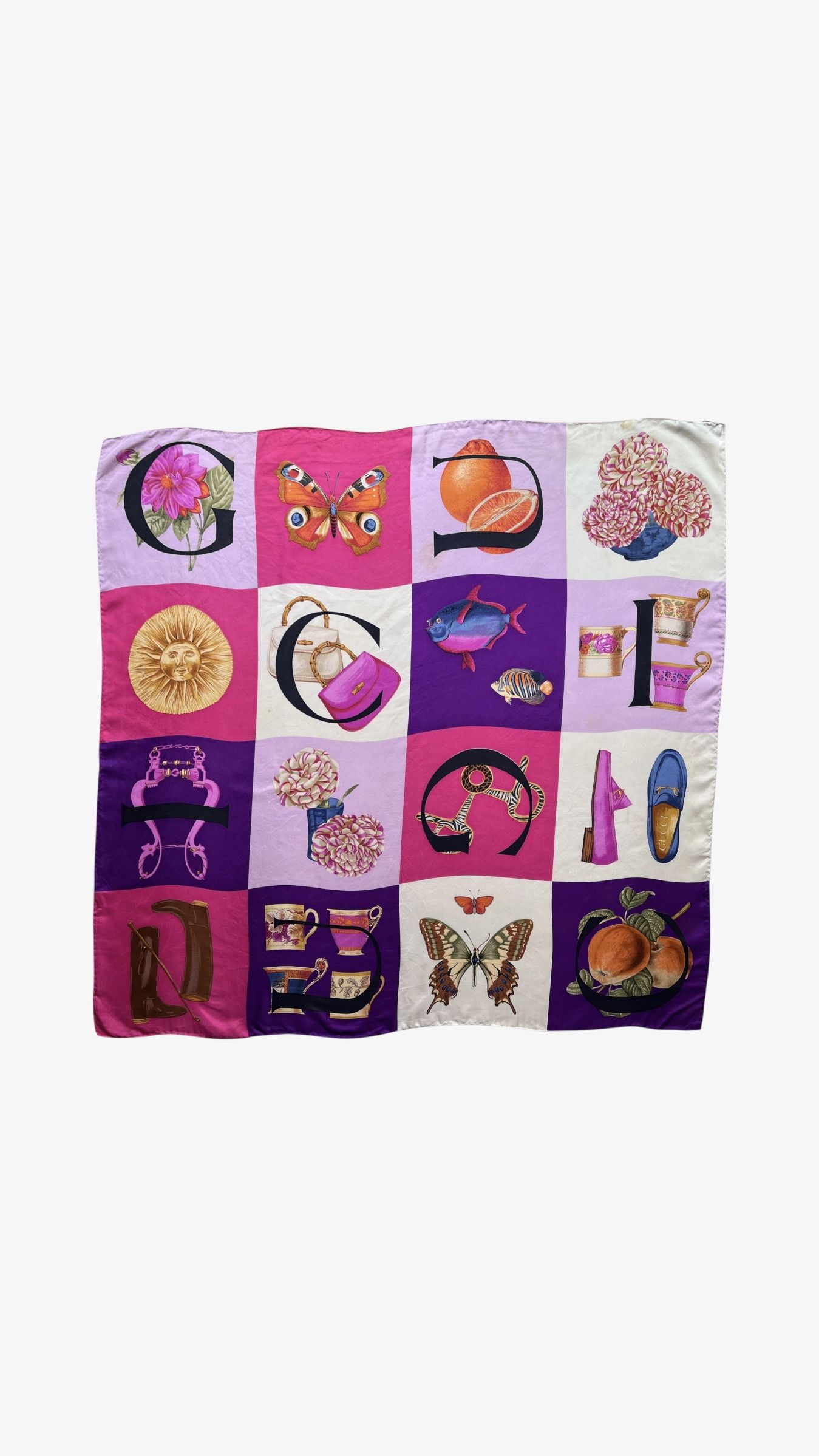 Gucci Vintage 90s Gucci Patchwork Spell Out Print Pink Silk Scarf Size ONE SIZE - 1 Thumbnail