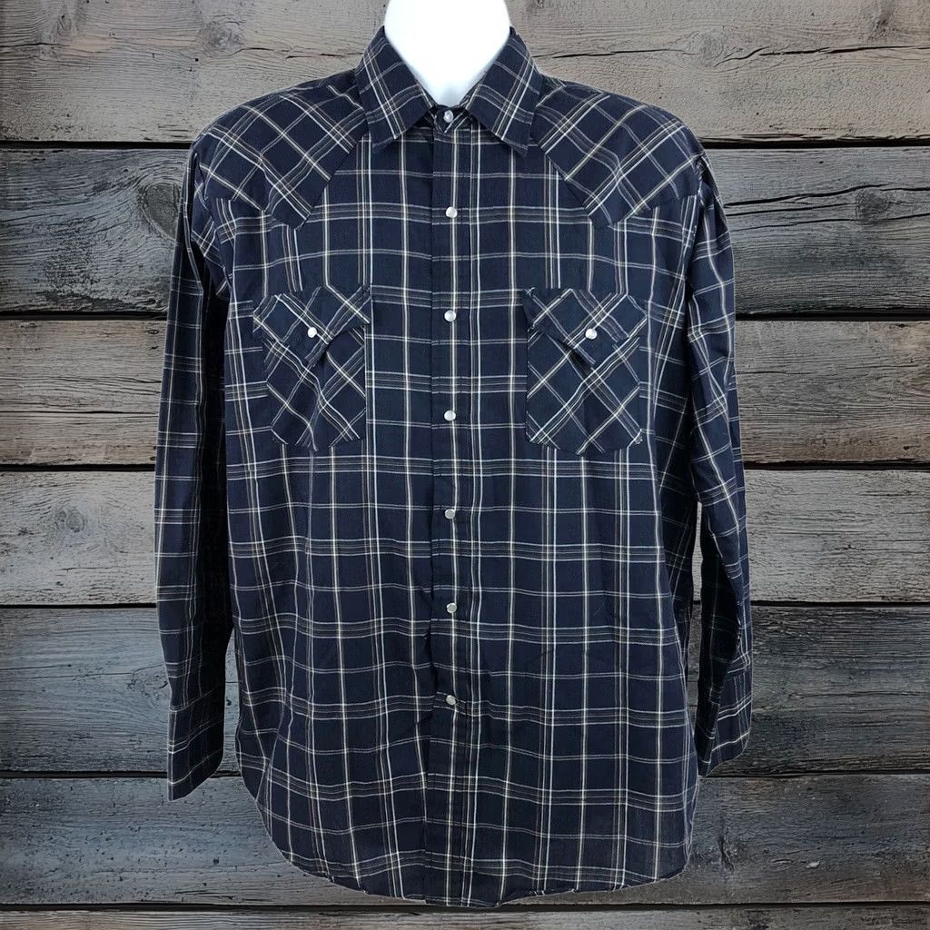 Plains Western Wear Shirt Men’s Large Blue Cowboy Western Rodeo Pearl Snaps Rancher Farm Gear Long Sleeve Button-Up, Men's
