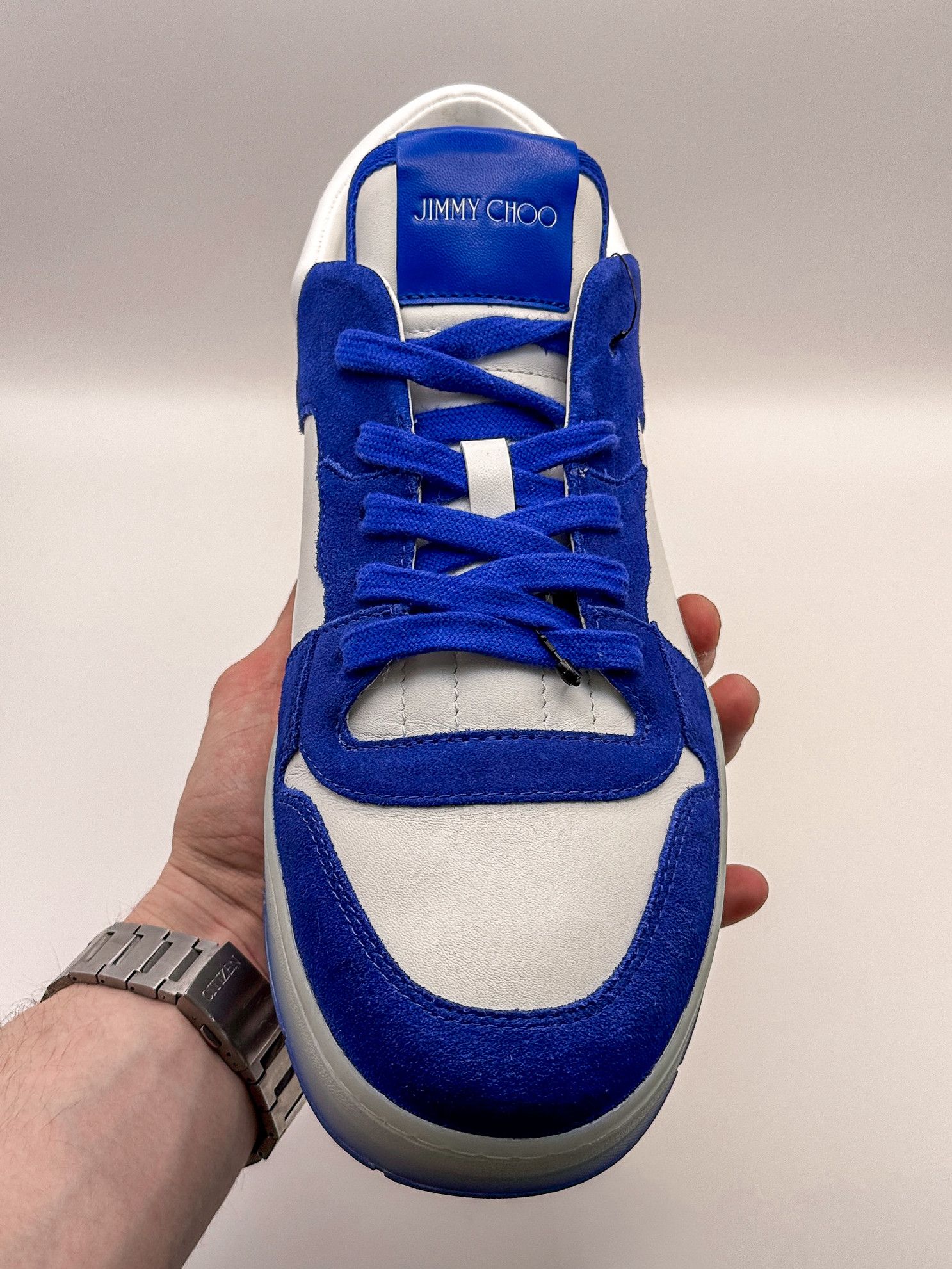 Jimmy Choo Jimmy Choo Blue Florent/M Ultraviolet White Leather Sneakers Size US 10.5 / EU 43-44 - 6 Thumbnail