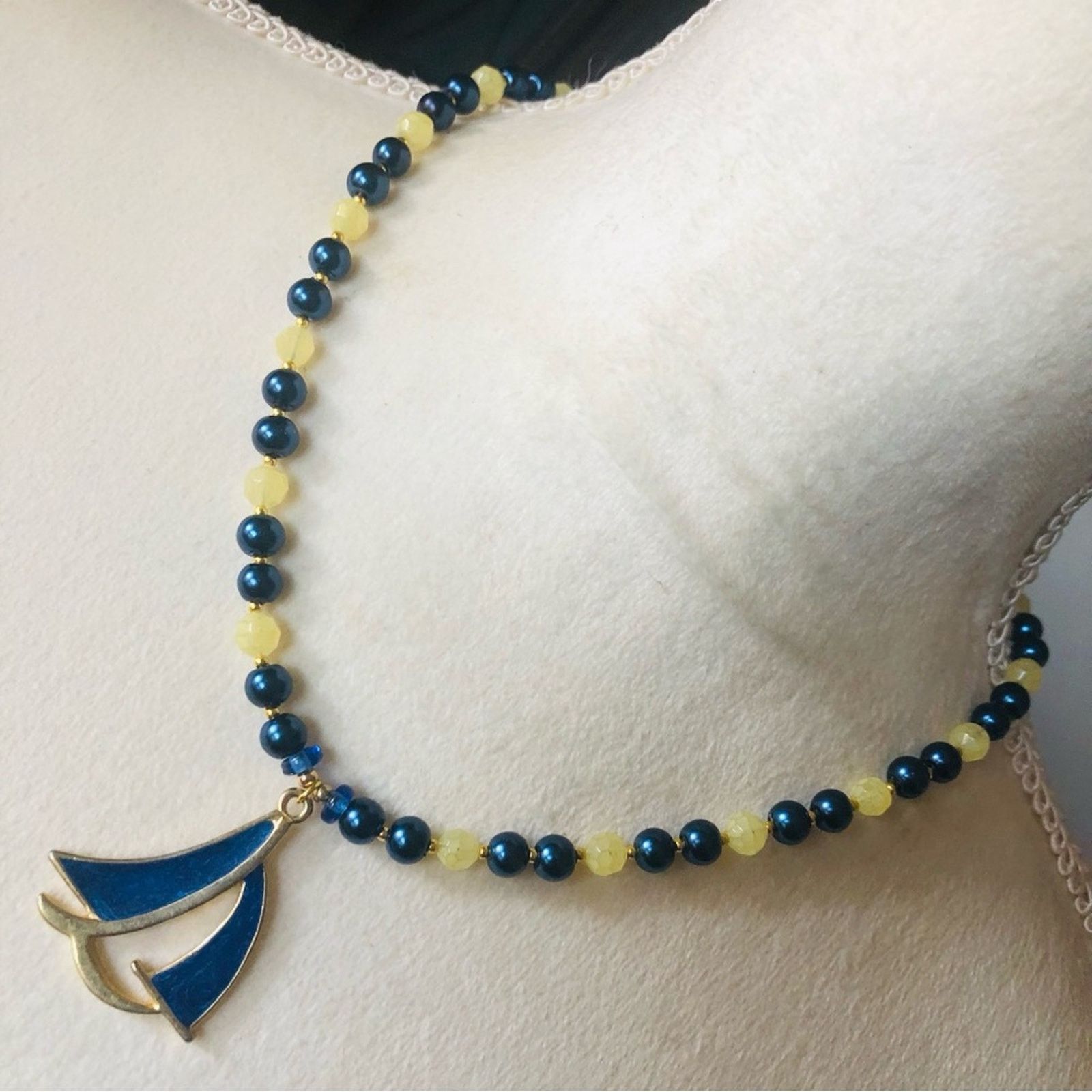 Handmade Handcrafted repurpose royal blue sailboat Pearl necklac Size ONE SIZE - 1 Thumbnail