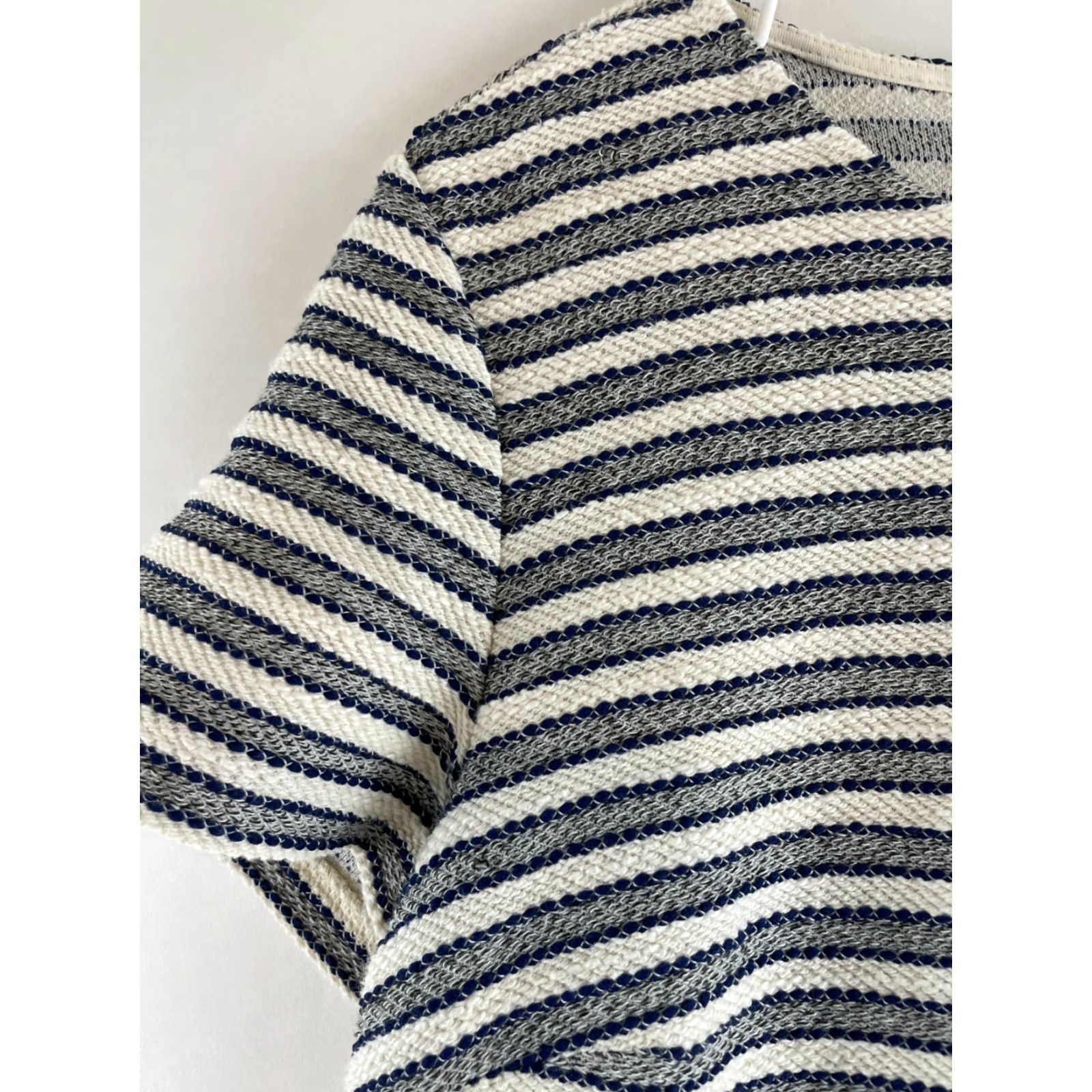 Ann Taylor Ann Taylor LOFT Dress Women's Size 12 Navy Blue Cream Short Sleeve Ruffle Stripe Dress Shirt Dress Womens Casual Party/Cocktail Travel Size 34" / US 12 / IT 48 - 3 Thumbnail