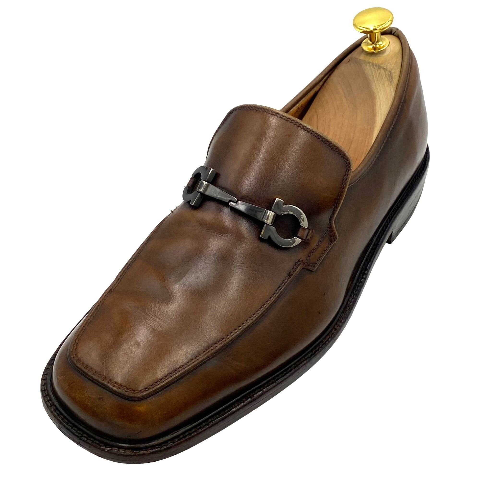 image of Vintage Salvatore Ferragamo Mens 8 Ee Brown Patina Calf Ganc Shoes