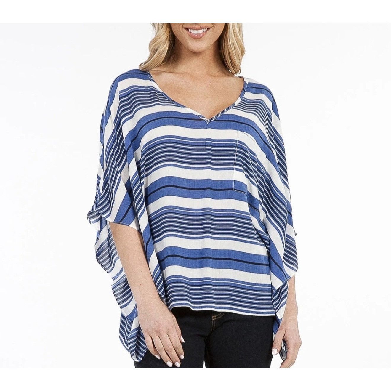 Other NWT Karen Kane Angel Flutter Sleeve Blue White Black Striped Size S / US 4 / IT 40 - 1 Thumbnail