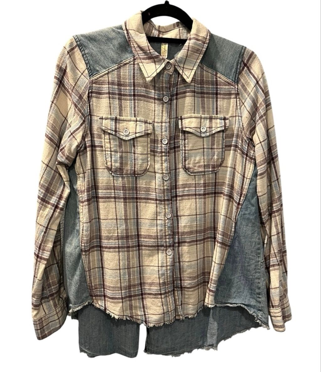 Free People Free People Plaid Flannel Denim Button Up Shirt Size M Size M / US 6-8 / IT 42-44 - 1 Thumbnail