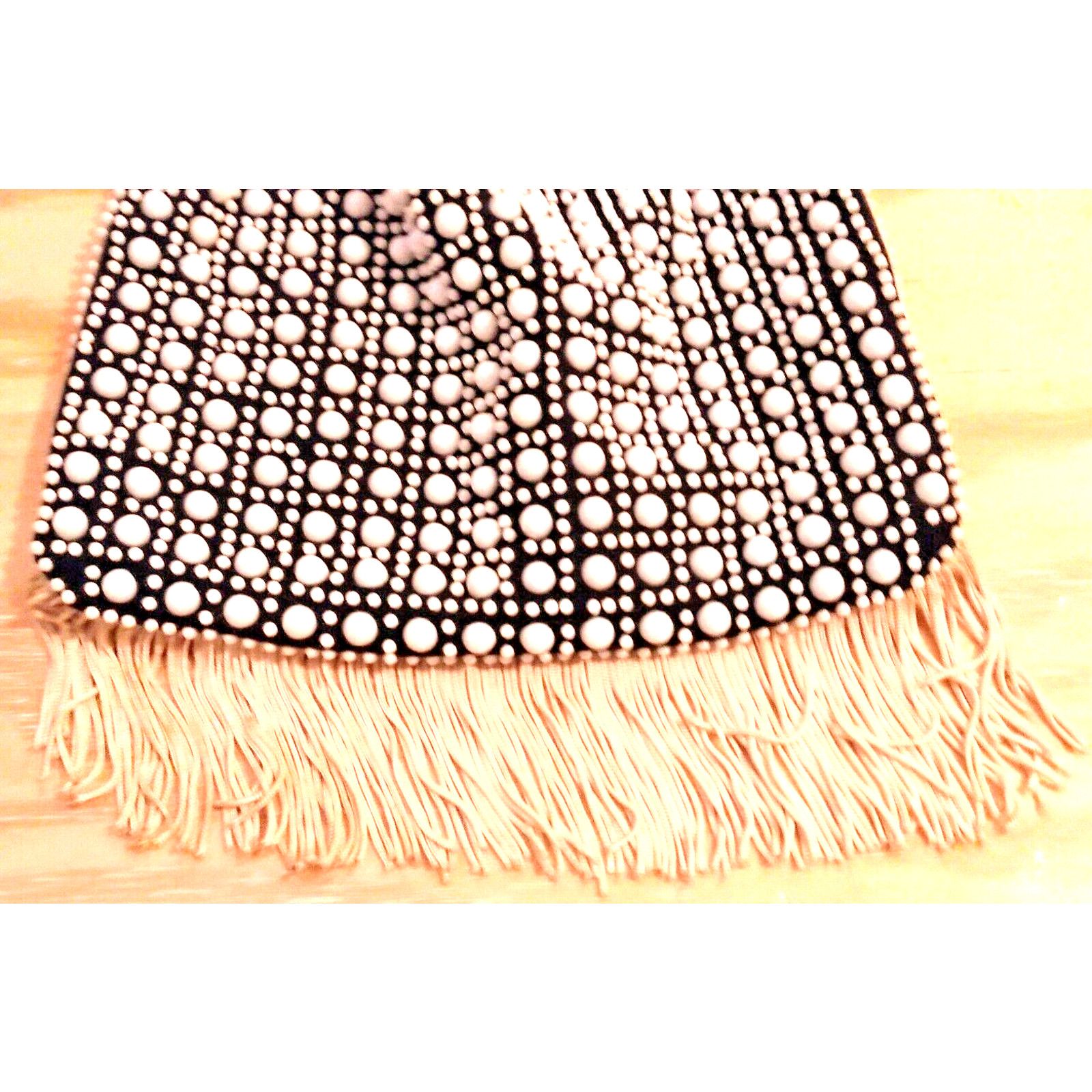 The Unbranded Brand 50s Navy/Wte Fringe Bead Eve. Bag Drawstring Polycord Handle Size ONE SIZE - 4 Thumbnail