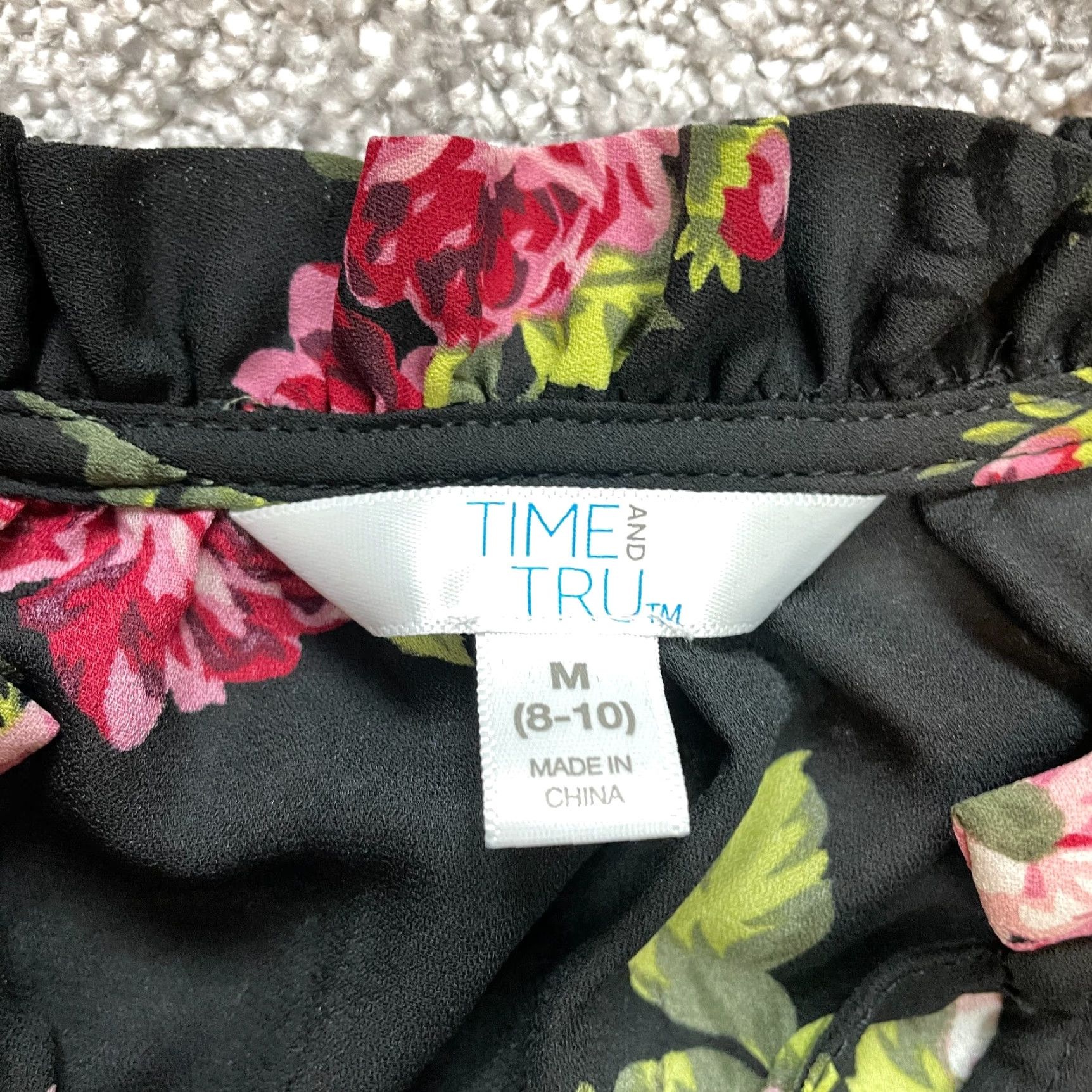 Vintage Time & True Blouse Shirt Womens Medium 8-10 Black Floral Long Sleeve Stretch Top Size M / US 6-8 / IT 42-44 - 3 Thumbnail
