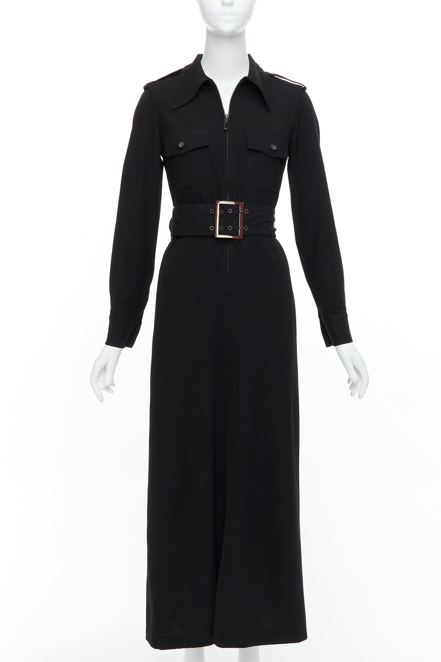 GUCCI Tom Ford 1996 black virgin wool belted military safari dress