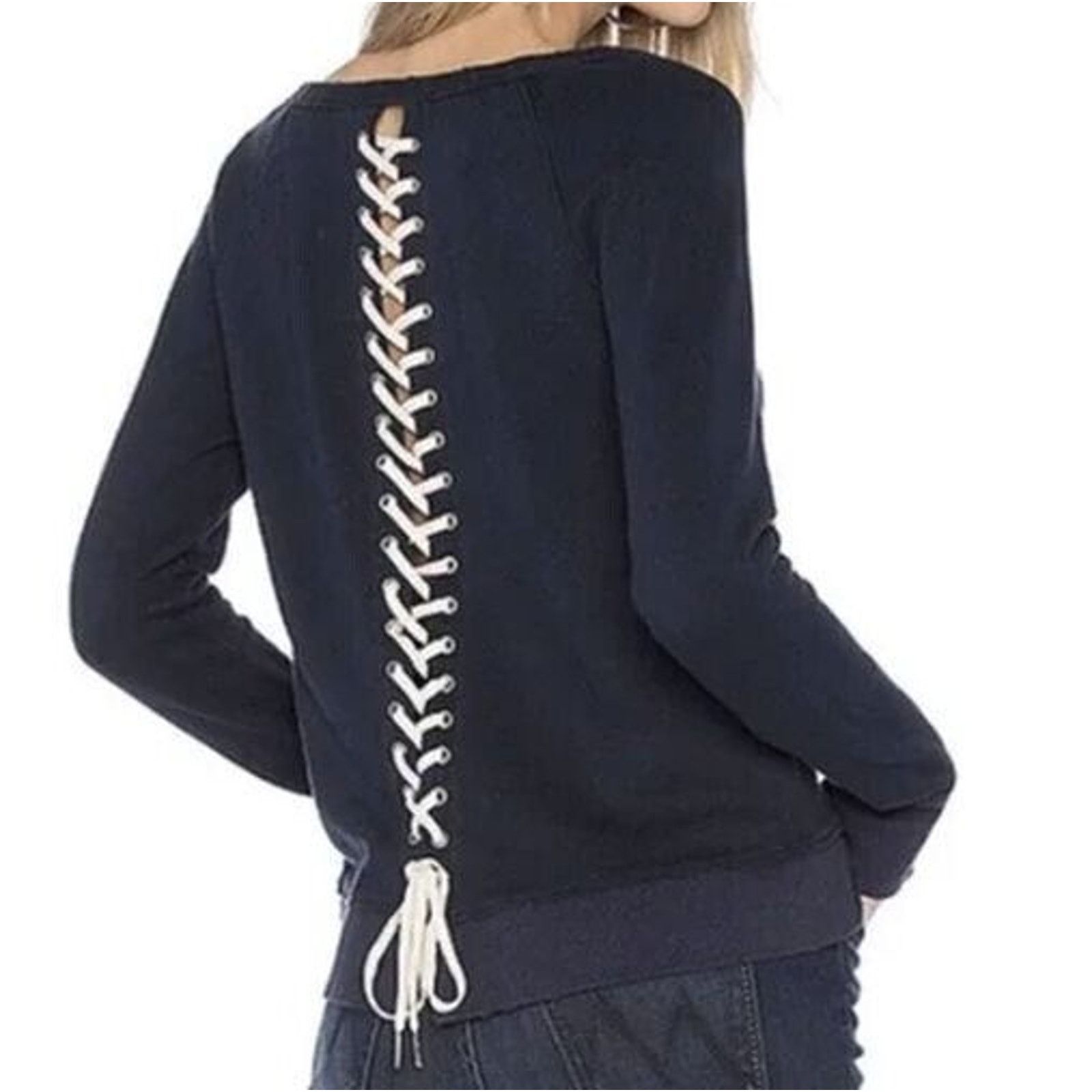 Pam & Gela NEW PAM & GELA Navy Cotton Lace Up Back Sweatshirt Size P Size S / US 4 / IT 40 - 1 Thumbnail