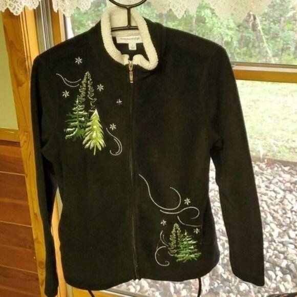 Designer Breckenridge Embroidered Holiday Black Full Zippered Fleece Size S / US 4 / IT 40 - 2 Thumbnail