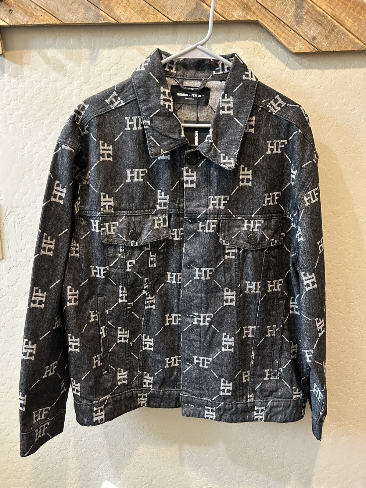 Homme + Femme La HOMME + FEMME LA, Black Monogram Denim Jacket Size US L / EU 52-54 / 3 - 1 Thumbnail