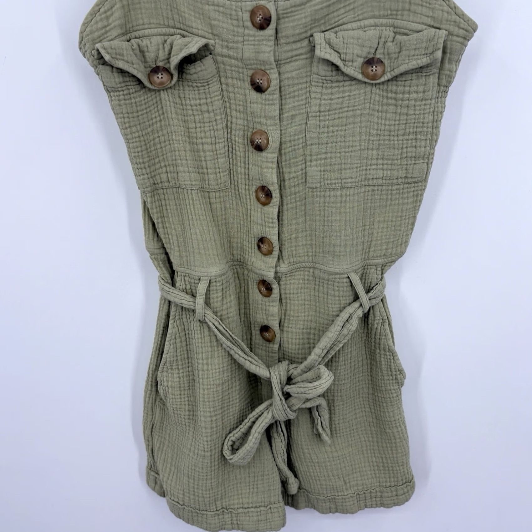 Vintage Sezane Romper Jumpsuit 1 Piece Sleeveless Belted Cotton Rayon Green 2 Regular Women Boho Cottage Gauze Indie Green 2 Size 26" / US 2 / IT 38 - 5 Thumbnail
