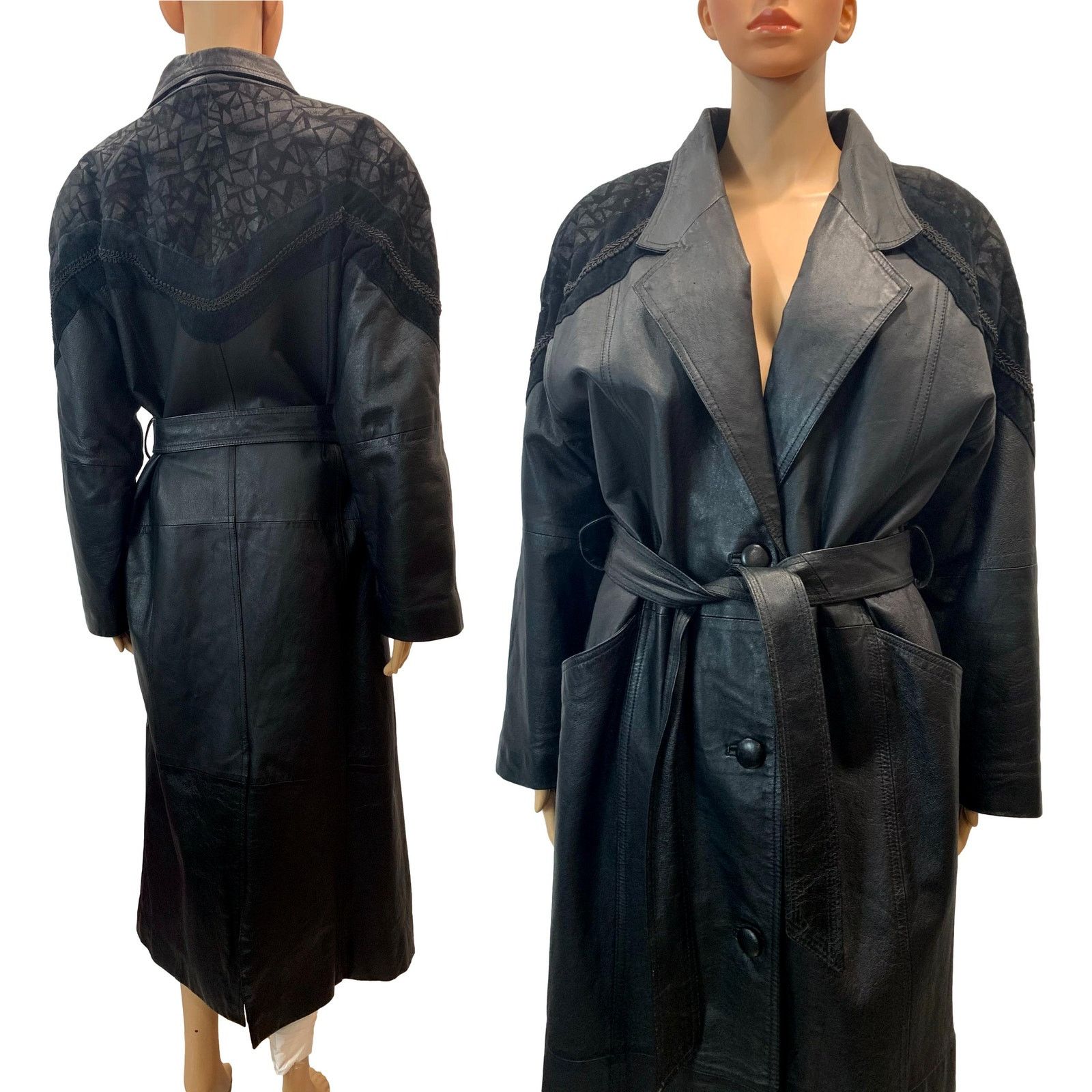Vintage 90s BLACK Leather & Suede Maxi Trench Coat w Belt | Sm Size S / US 4 / IT 40 - 7 Thumbnail