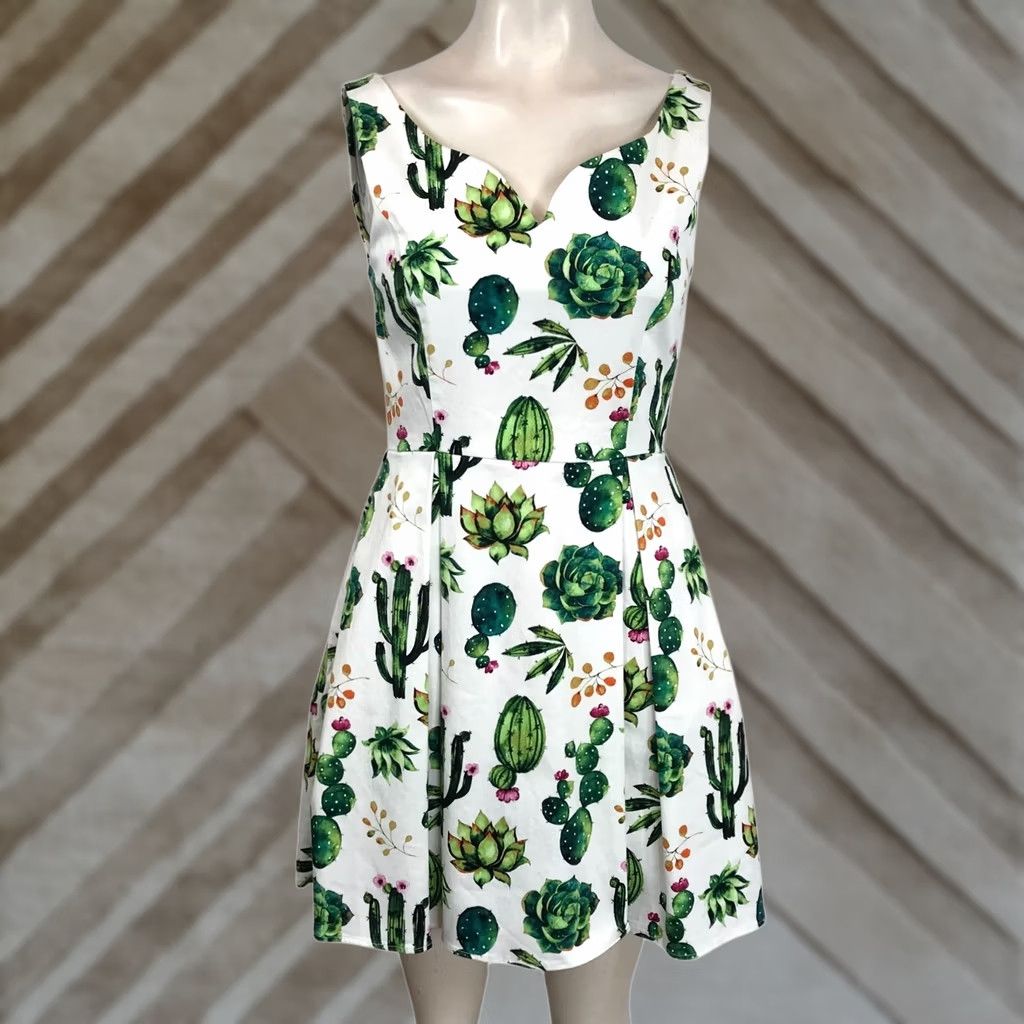 Vintage IXIA WOMEN'S S S White Cactus V-Neck Sleeveless Dress Size S / US 4 / IT 40 - 1 Thumbnail