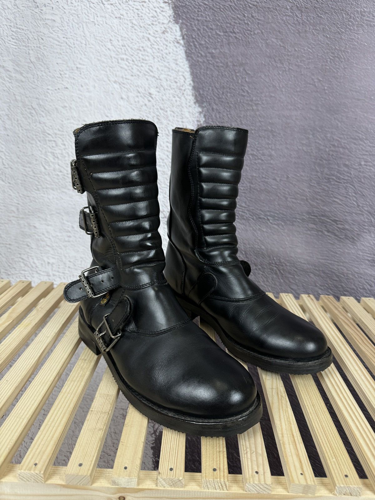 image of Buffalo London x Moto Buffalo Goodyear Welt Leather Biker Black Boots, Men's (Size 12)