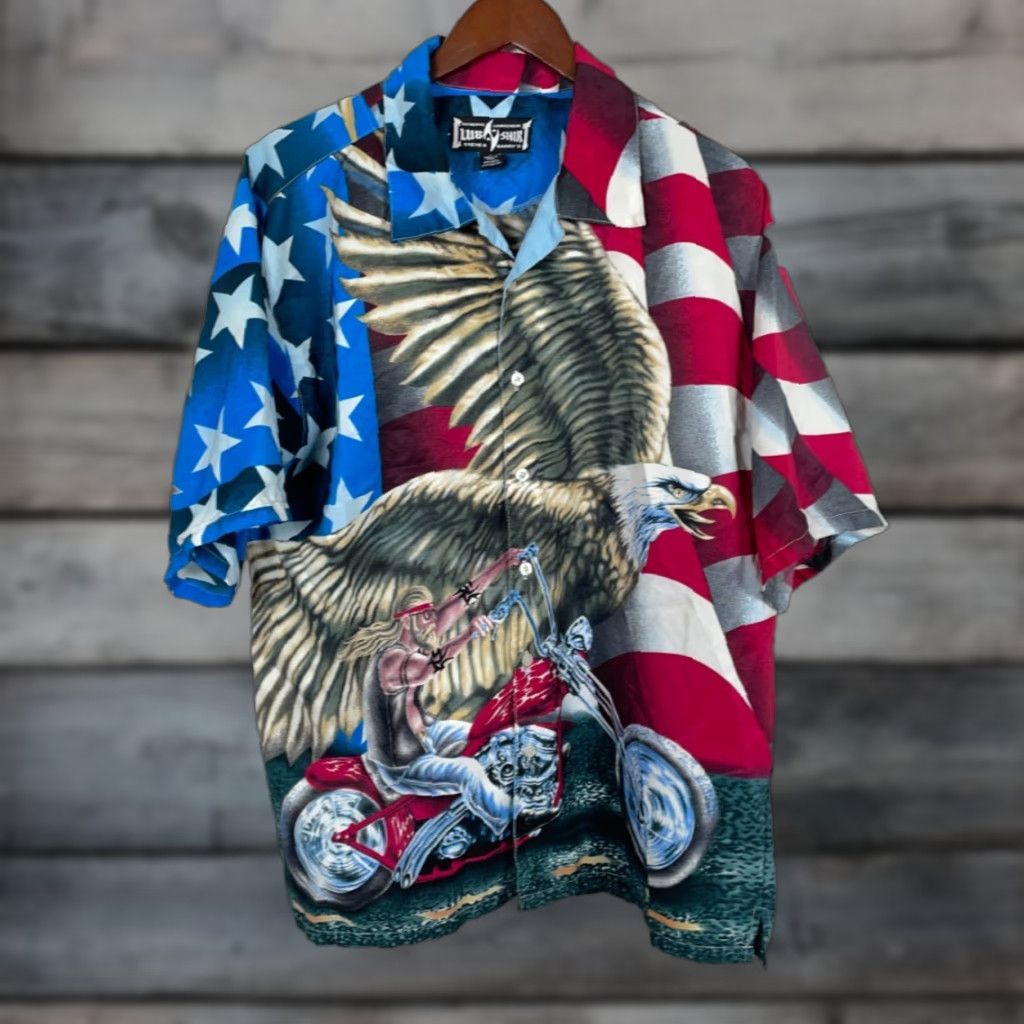 Vintage American Flag Eagle Motif Shirt Adult Large Motorcycle Biker Camp Collar AOP Size US L / EU 52-54 / 3 - 1 Thumbnail