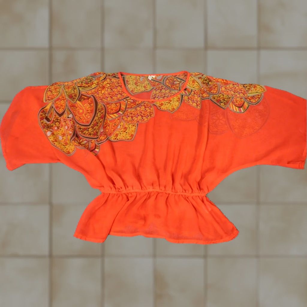 Madison Madison Blouse Shirt Womens S Orange Striped Crew Neck Short Sleeve Pullover Stretch Casual Regular Polyester Rayon Vintage No Size S / US 4 / IT 40 - 1 Thumbnail