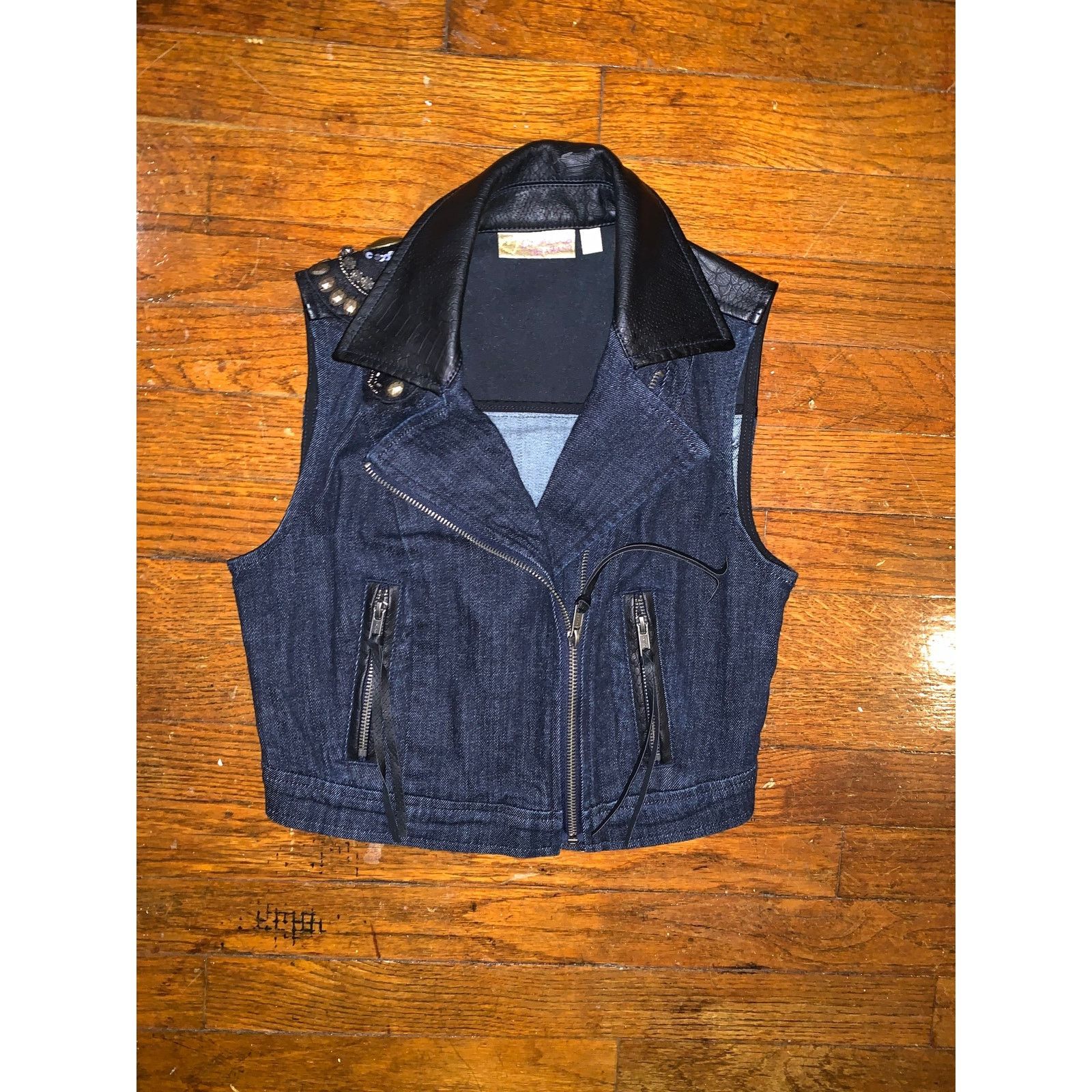 Vera Wang Vera Wang Moto Vest XS Denim Studded Faux Leather Zip Size XS / US 0-2 / IT 36-38 - 1 Thumbnail