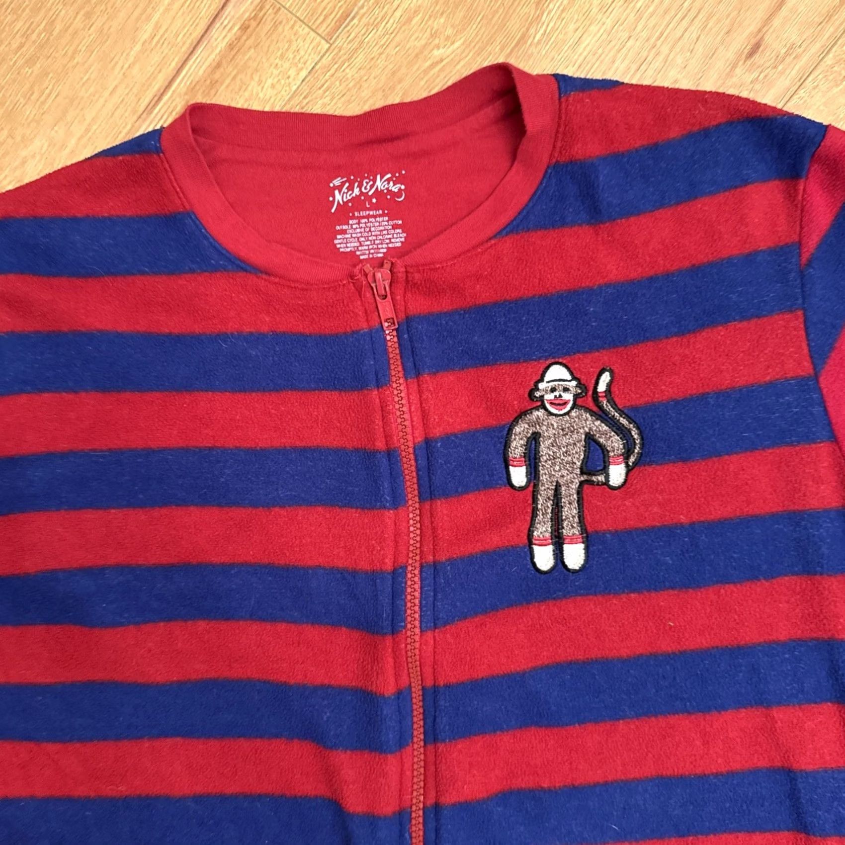 Vintage Nick & Nora Adult 1-Pc. Sock Monkey Fleece Footed Sleepwear Large Red & Blue Womens Boys Girls Mens Size L / US 10 / IT 46 - 3 Thumbnail