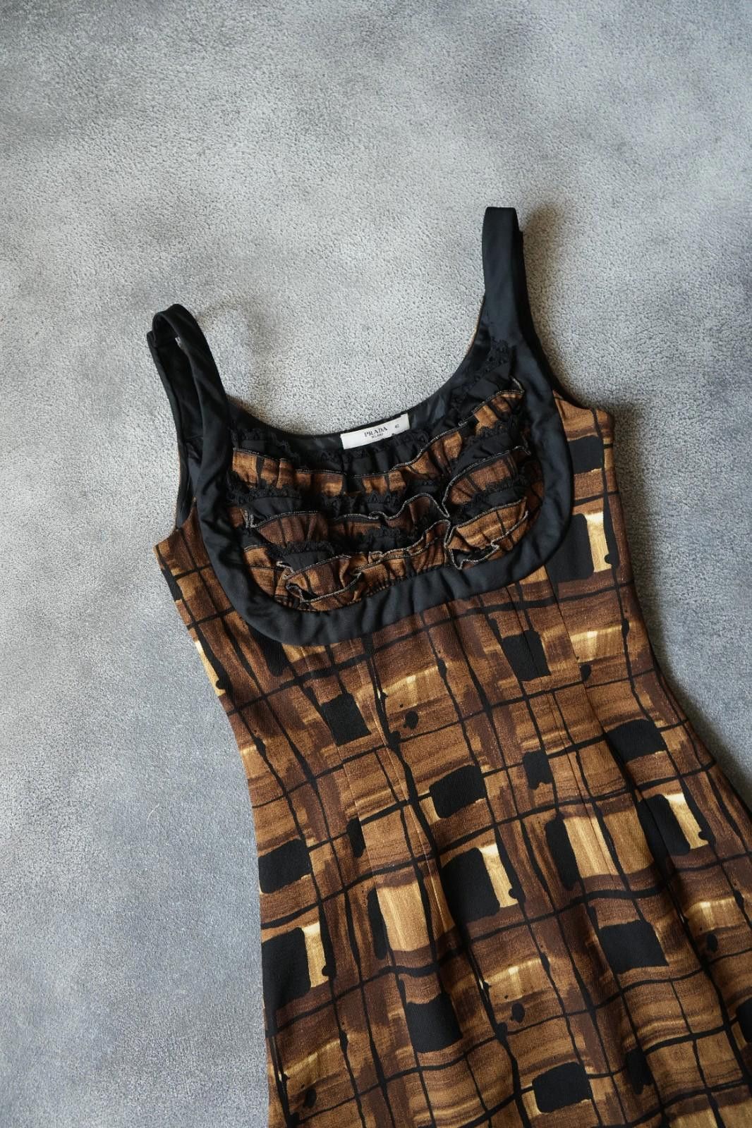 FW 2010 Prada Runway Ruched Bust Checkered A-line Dress