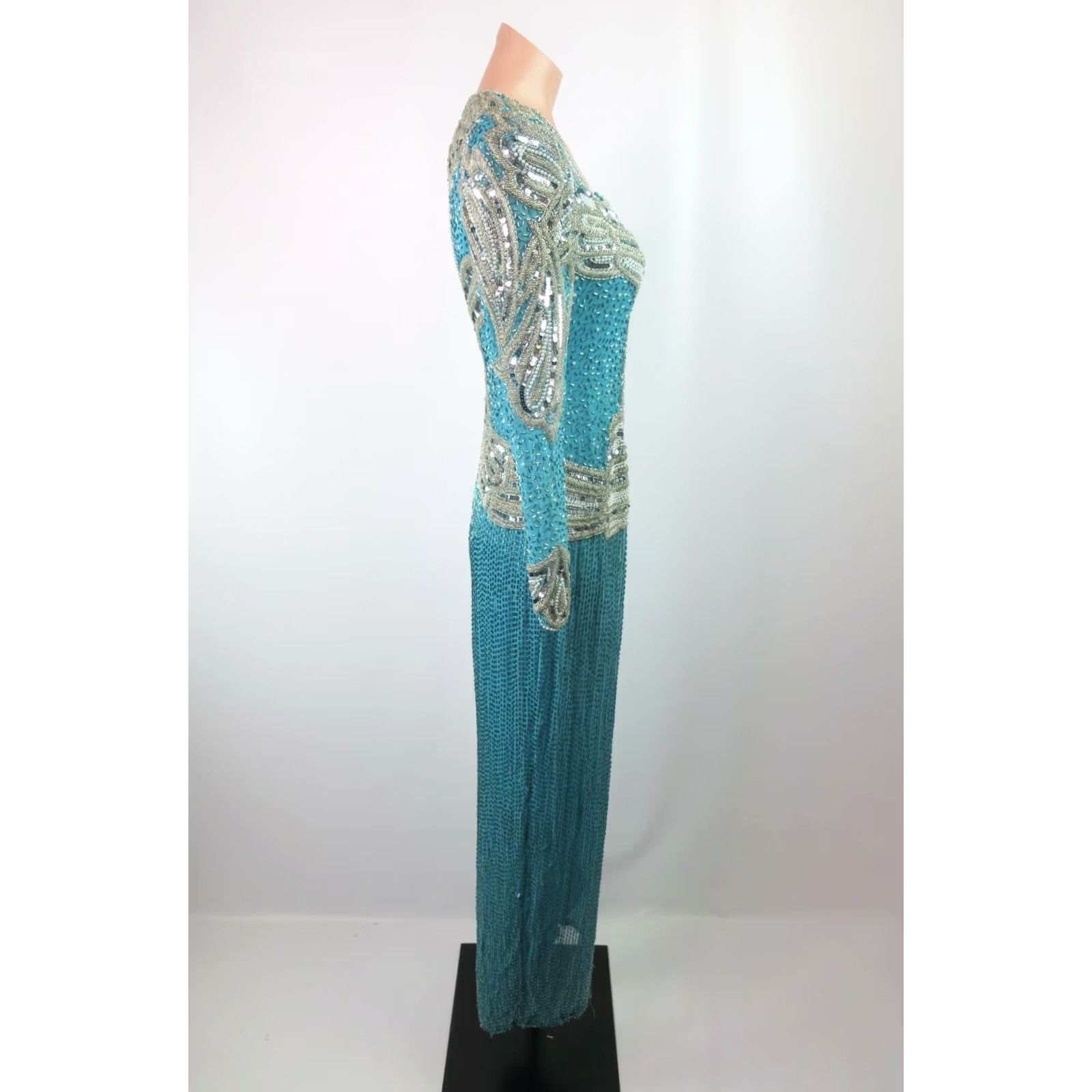 Oleg Cassini VTG Oleg Cassini Silk Beaded Backless Dress Formalwear Wedding Black Tie Sz 4 Blue 1980s Womens Dress Size S / US 4 / IT 40 - 5 Thumbnail