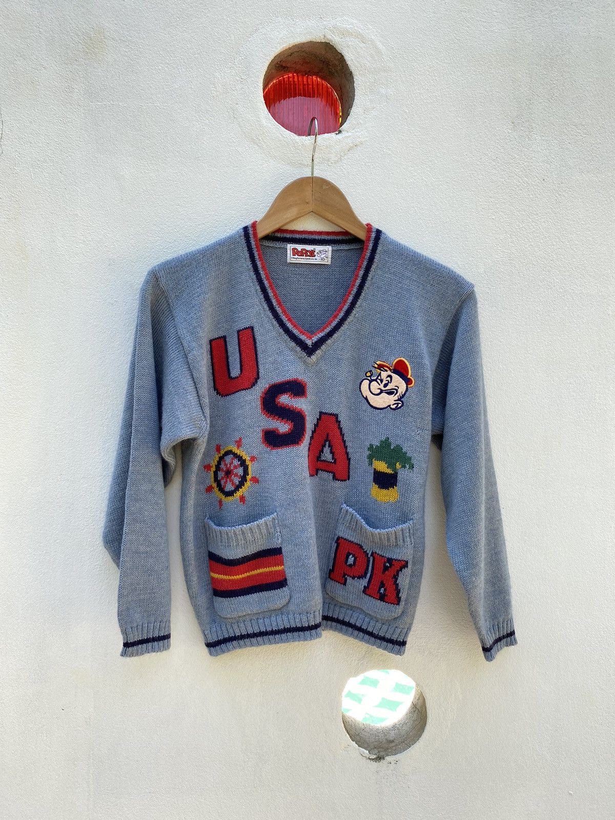 Designer × Vintage POPEYE Gray V-Neck Sweater Size L / US 10 / IT 46 - 14 Thumbnail