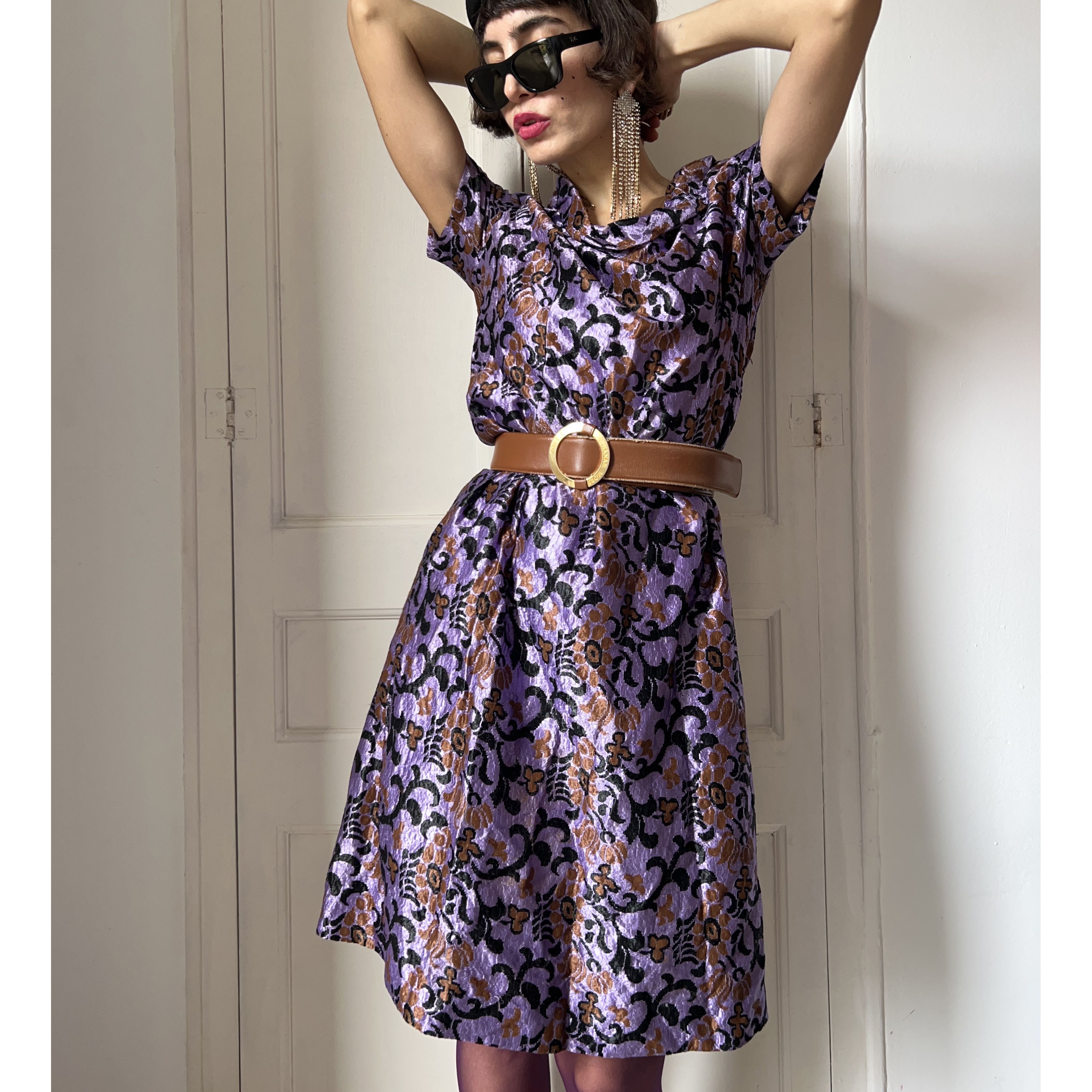 Vintage 60s Purple Floral Jacquard Brocade Midi Dress Size M / US 6-8 / IT 42-44 - 7 Thumbnail