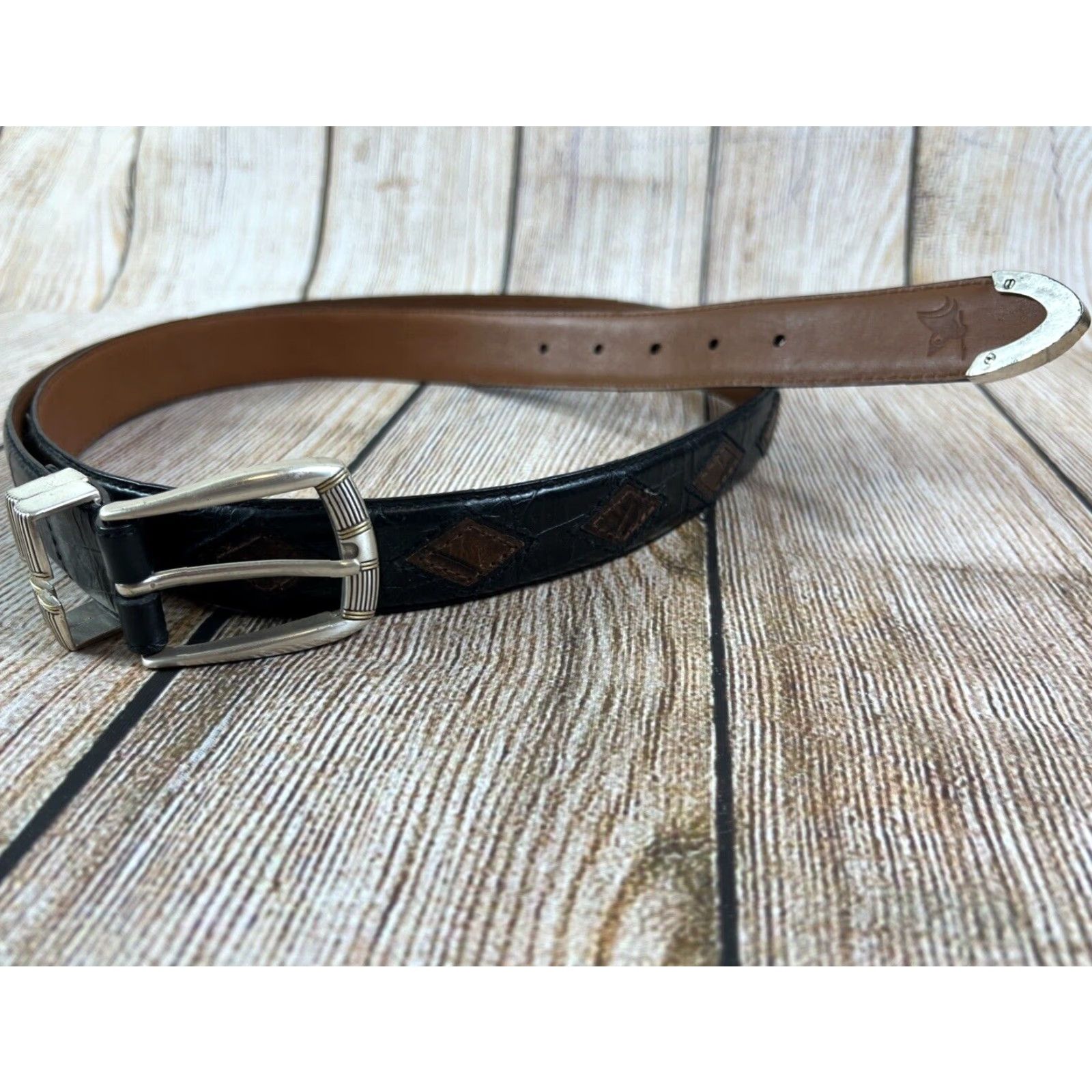 Vintage Tundra Belt Men Dress Belt Leather Italian Croco Calfskin Black Embellished Adjustable Buckle Size 44 Mens Black Size 44 - 2 Thumbnail