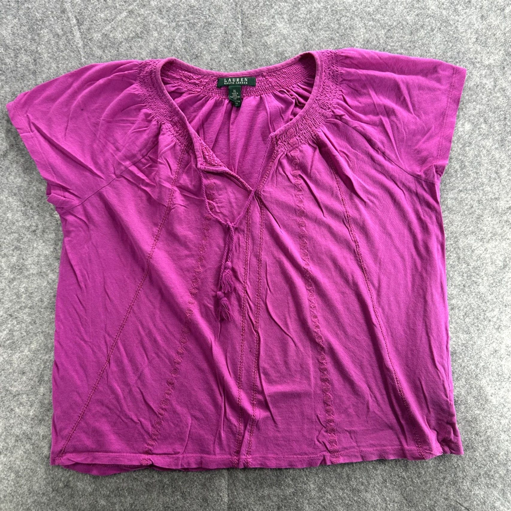Ralph Lauren Lauren Ralph Lauren Shirt Womens XL Pink Short Sleeve Boho Tassel Blouse Top Adult Regular Size XL Pink bohemian 100% cotton Mens Womens Girls Boys Size XL / US 12-14 / IT 48-50 - 2 Thumbnail