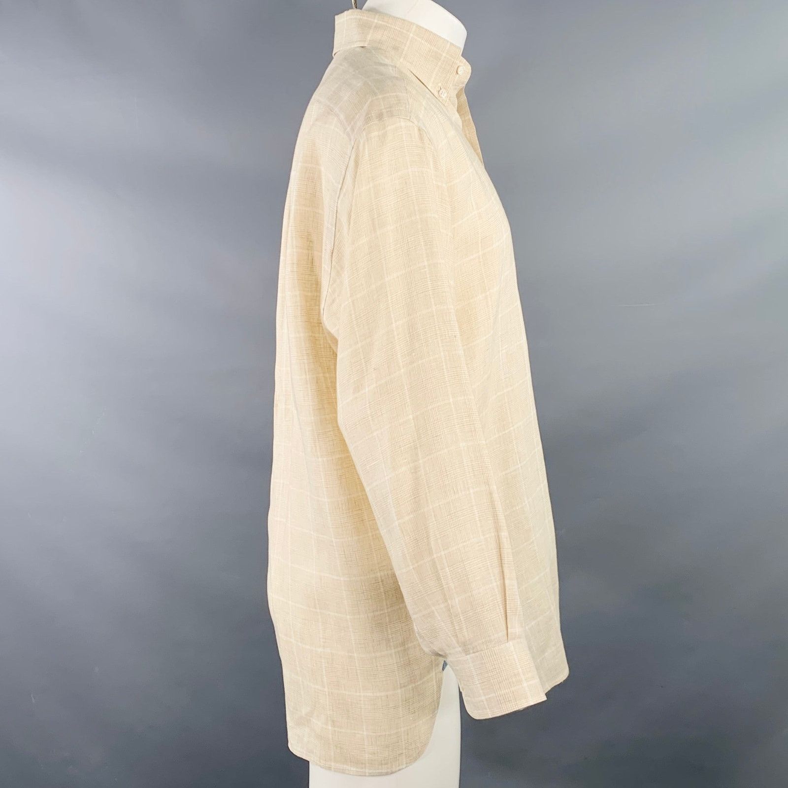 Faconnable Beige White Window Pane Linen One Pocket Long Sleeve Shirt Size US S / EU 44-46 / 1 - 3 Thumbnail