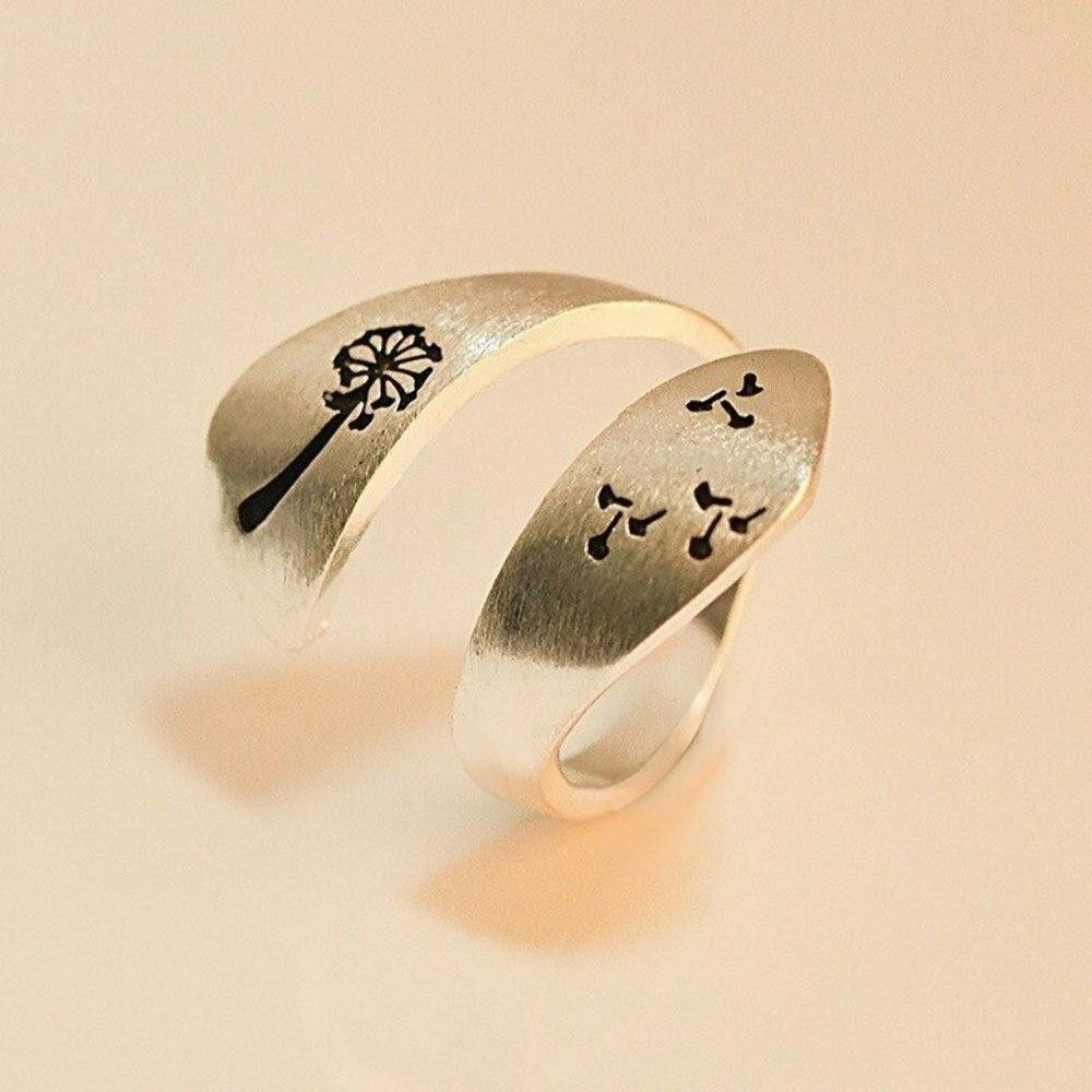 Designer Silver Carved Engraving Dandelion Open Ring Size ONE SIZE - 7 Thumbnail