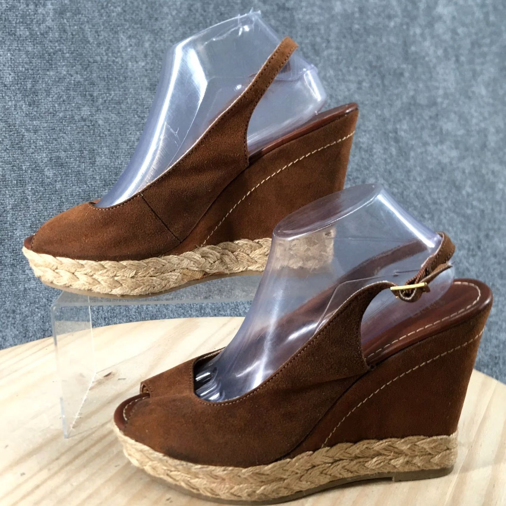 Vintage Brash Sandal Womens 11 Peep Toe Slingback Wedge Brown Fabric Buckle Size US 11 / IT 41 - 2 Thumbnail