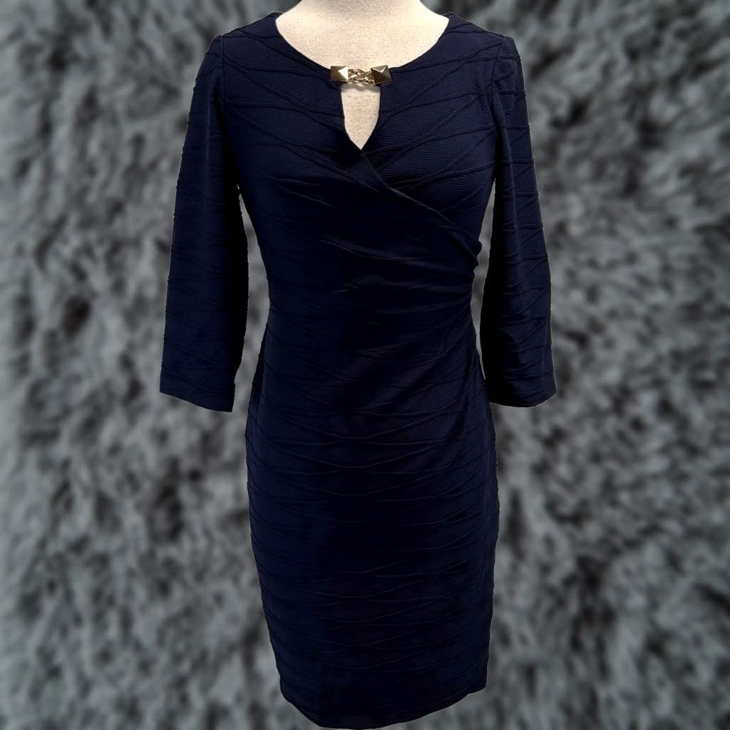 Joseph Ribkoff Joseph Ribkoff Dress Womens 8 Navy Sheath Textured Stretch Career Classic Ruched Size M / US 6-8 / IT 42-44 - 1 Thumbnail