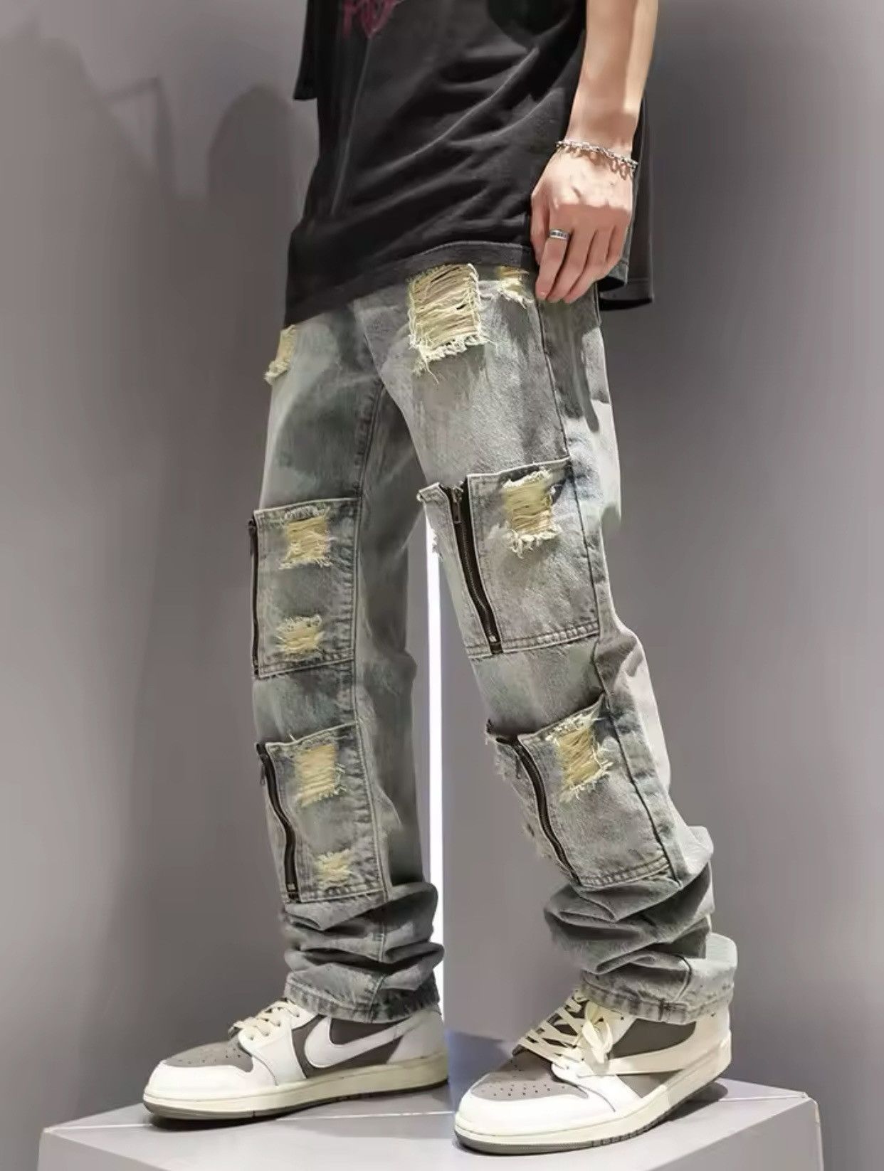 Japanese Brand × Vintage New Multi Zipper Pocket Washed and Perforated Jeans Size US 27 - 2 Thumbnail