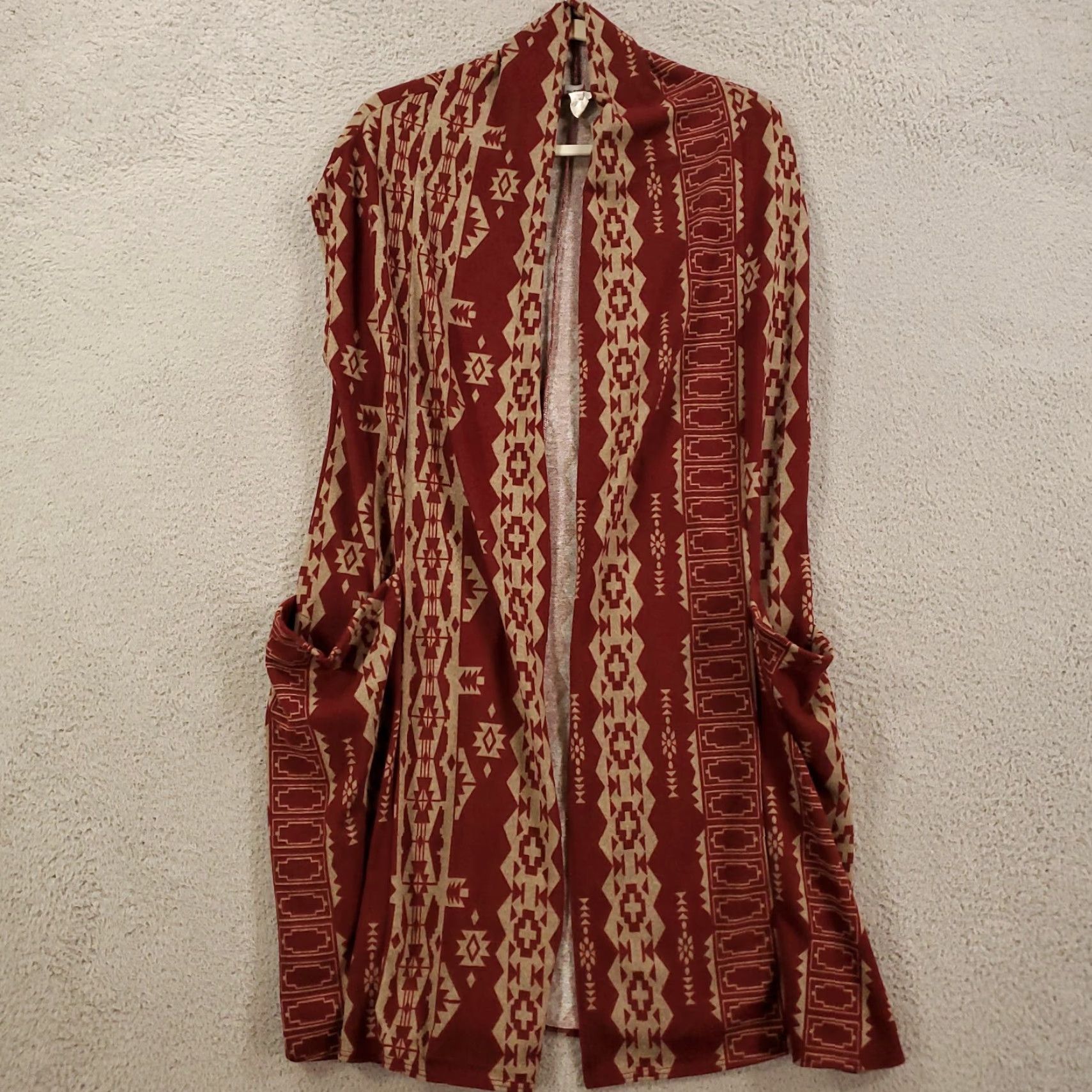 Vintage Womens Cardigan Duster Long Open Front Lighweight USA Burgundy Tan Medium Size M / US 6-8 / IT 42-44 - 4 Thumbnail