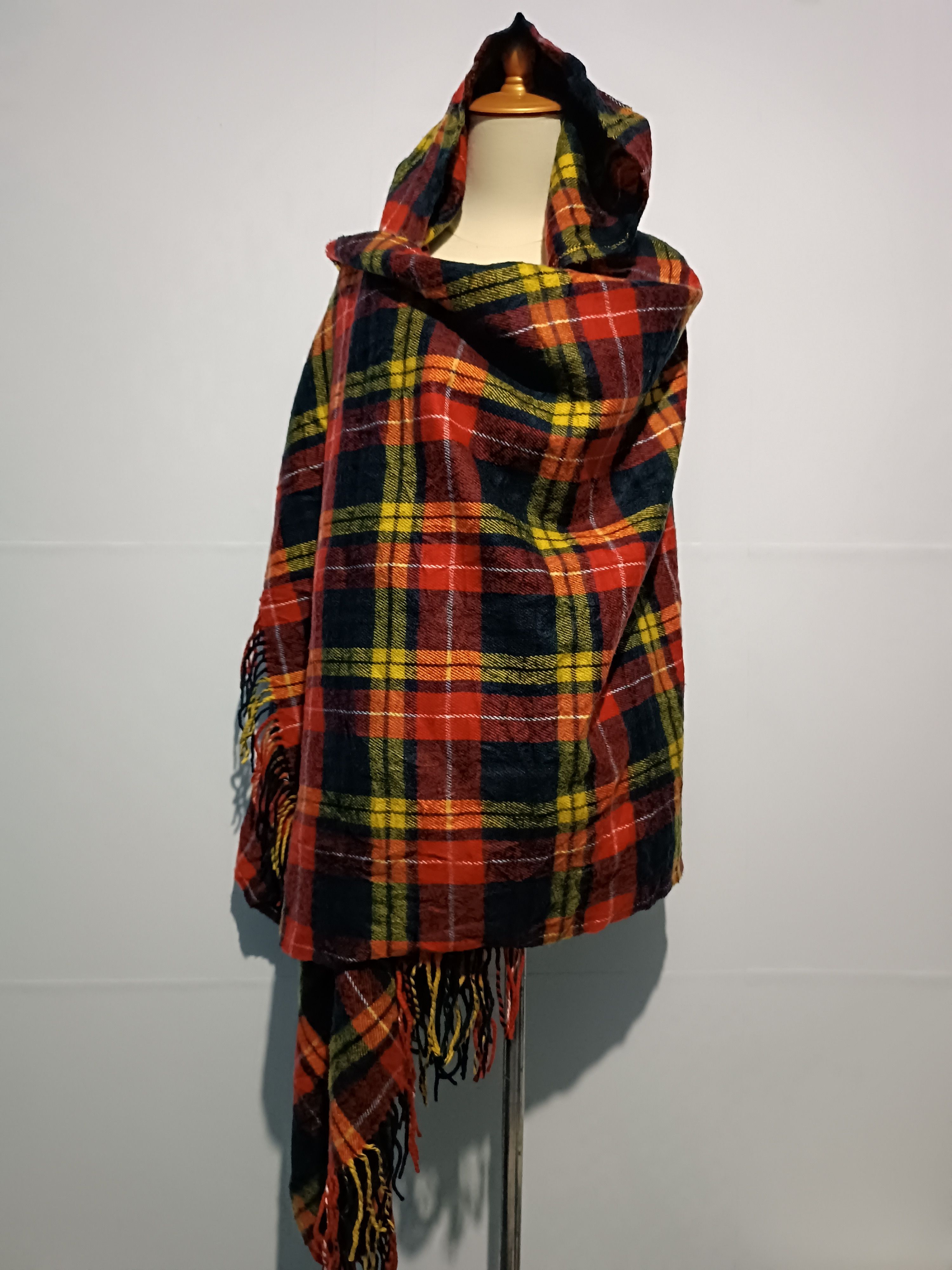 Japanese Brand Wool Blanket Poncho Cape With Hood Rainbow Plaid Size ONE SIZE - 3 Thumbnail