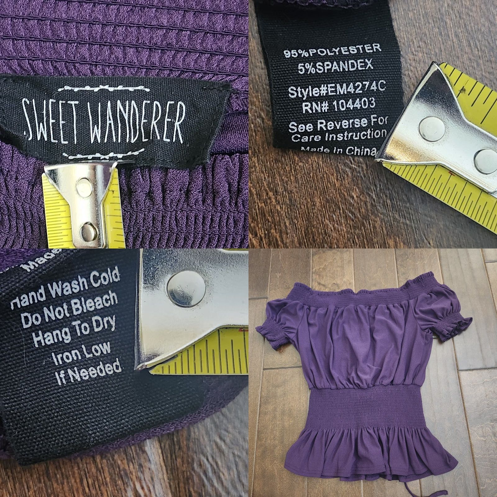 Vintage Sweet Wanderer Purple off Shoulder Top Short Sleeve L Juniors Elastic Waist Zig Zag Laced Up Bow Tie Blouse Size L / US 10 / IT 46 - 9 Thumbnail