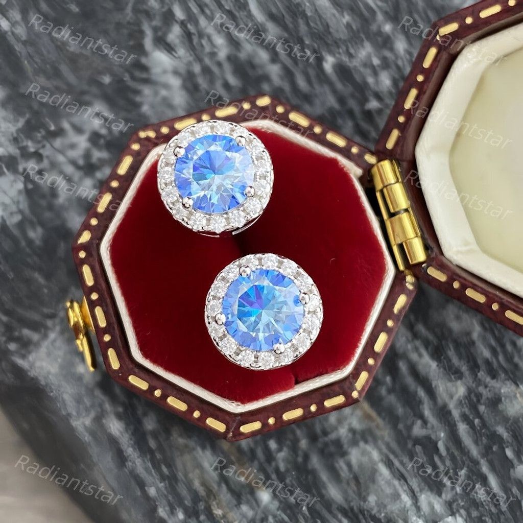 Other NEW 2ct. t.w. Royal Blue Moissanite Round Halo Stud Earrings Size ONE SIZE - 3 Thumbnail