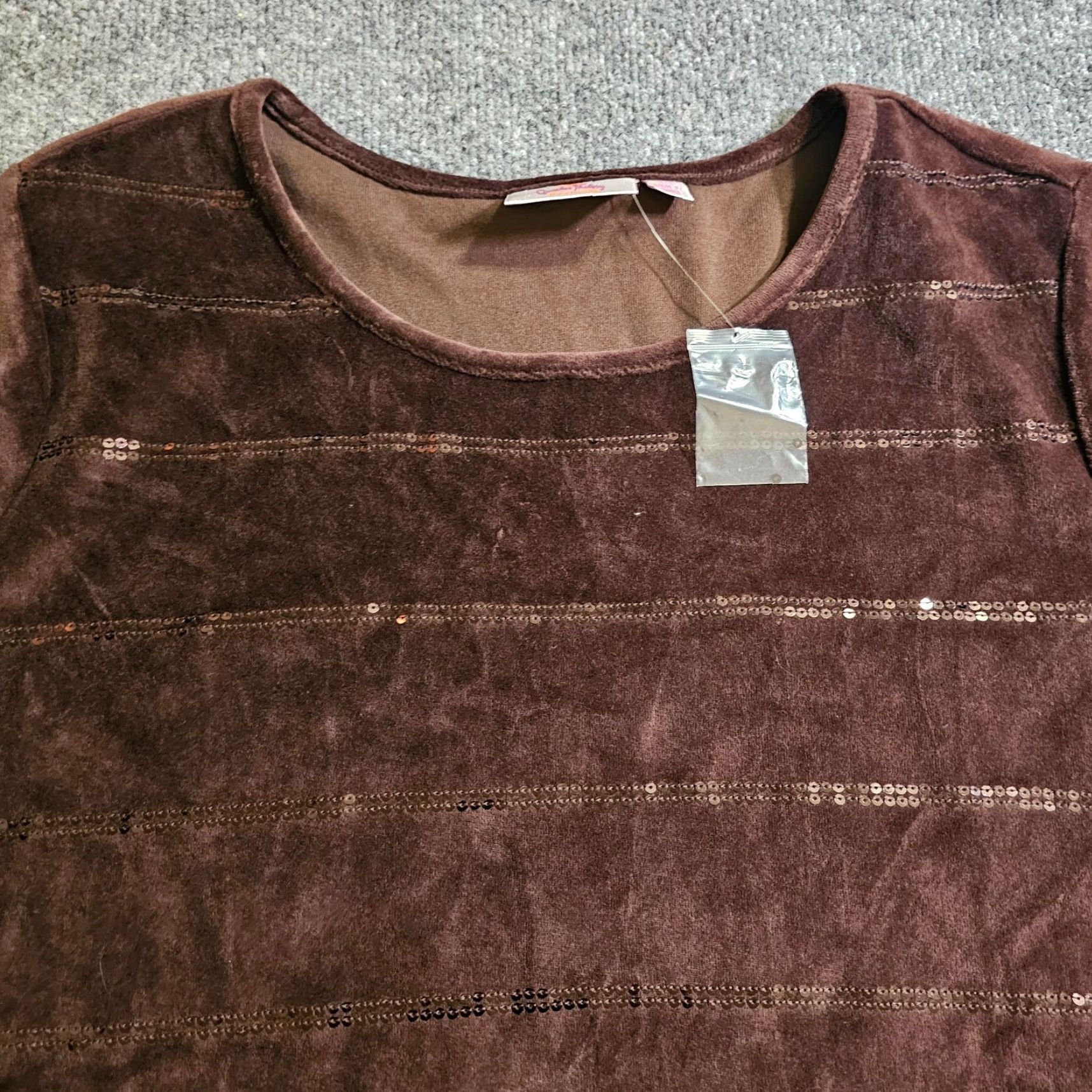 Quacker Factory Quacker Factory Sweater Womens 2X Brown Sequin Stripe Velour Casual Basic Pullover Shirt Size XXL / US 16-18 / IT 52-54 - 2 Thumbnail
