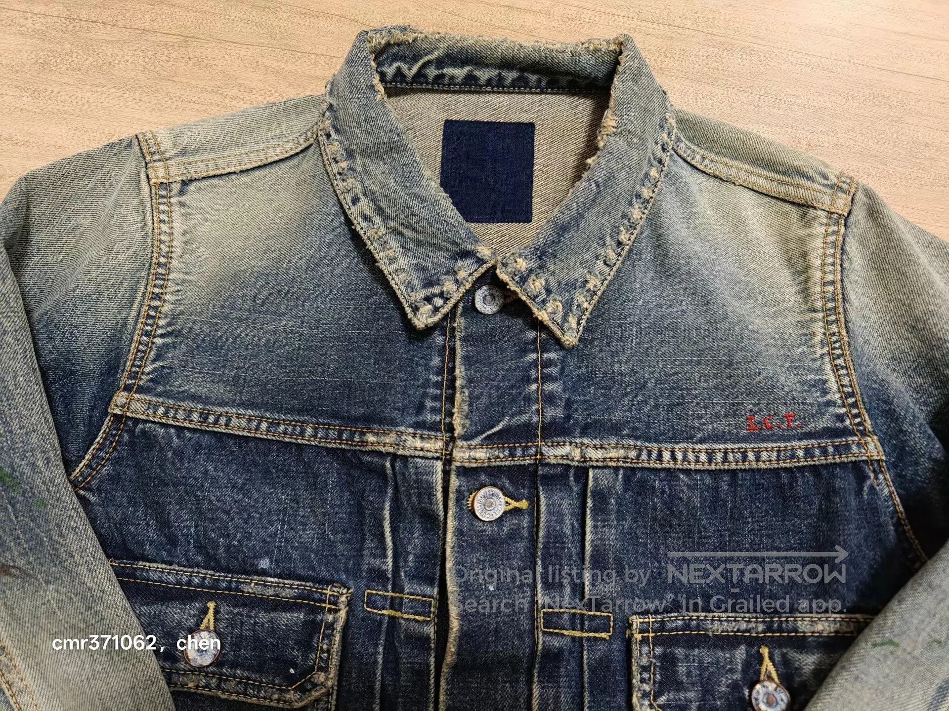 Visvim Blue Denim Jacket with Paint Splatters and Striped Sleeves. Size US M / EU 48-50 / 2 - 3 Thumbnail