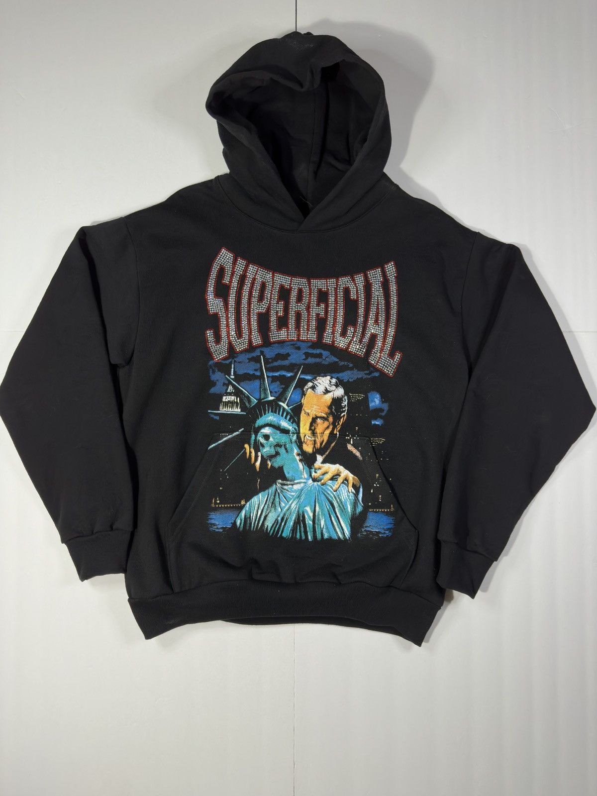 image of Superficial “God Bless America” Rhinestone Hoodie in Black, Men's (Size Large)